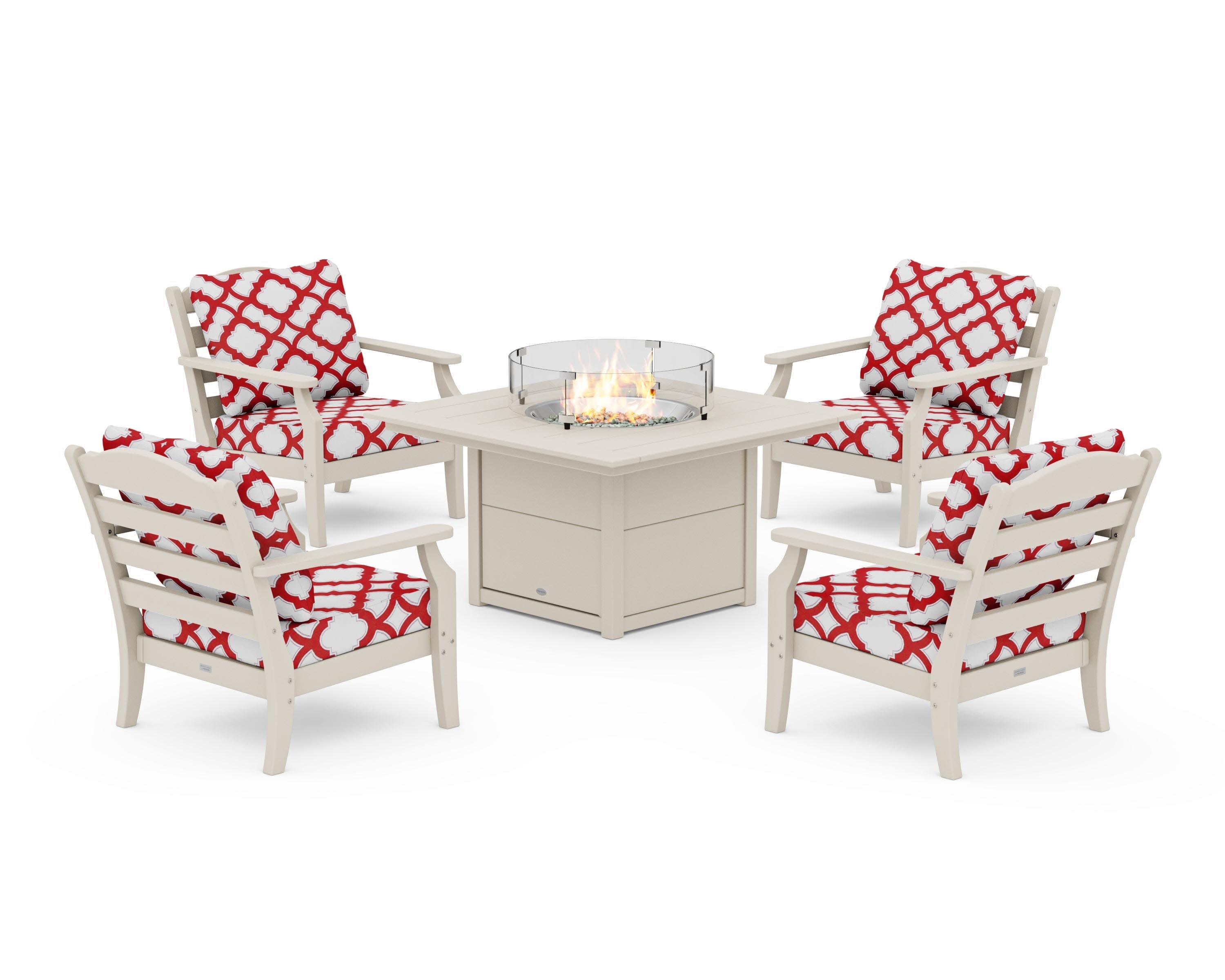 Savannah 5-Piece Deep Seating Set with Fire Pit Table in Sand / Trellis Crimson