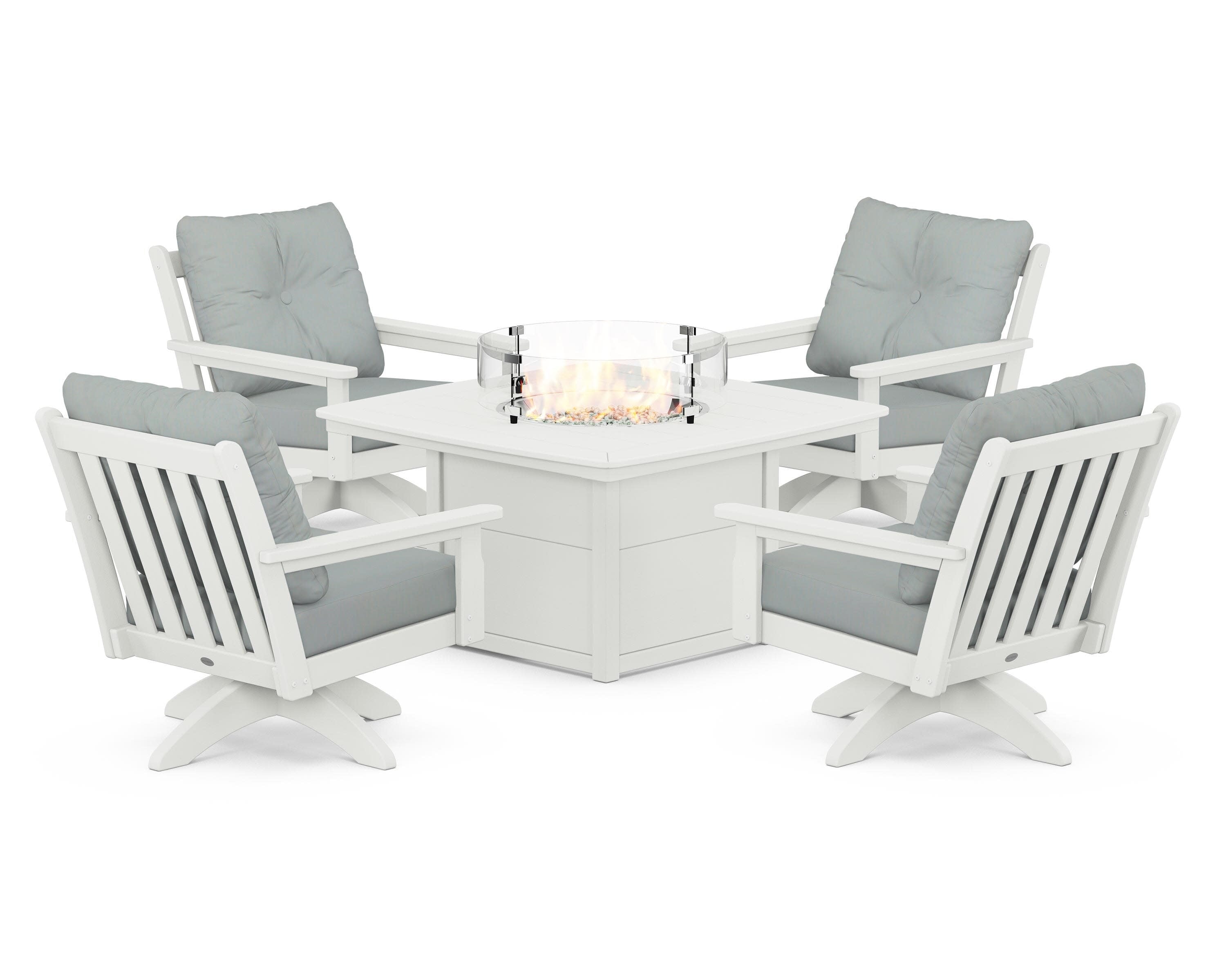 Vineyard 5-Piece Deep Seating Swivel Conversation Set with Fire Pit Table in Vintage White / Spa