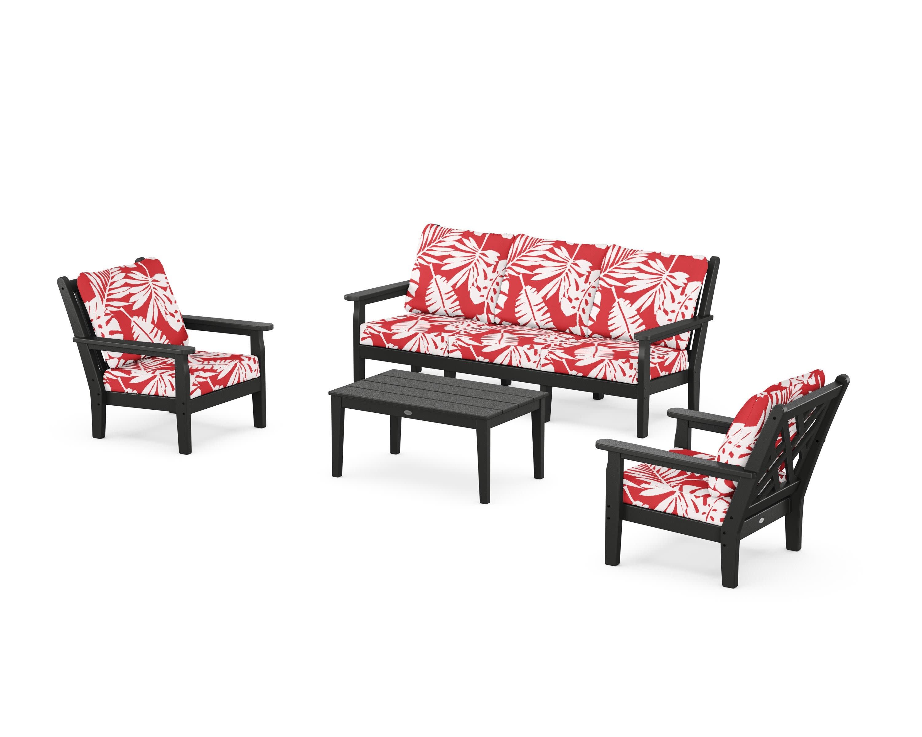 Chippendale 4-Piece Deep Seating Set with Sofa in Black / Leaf Crimson