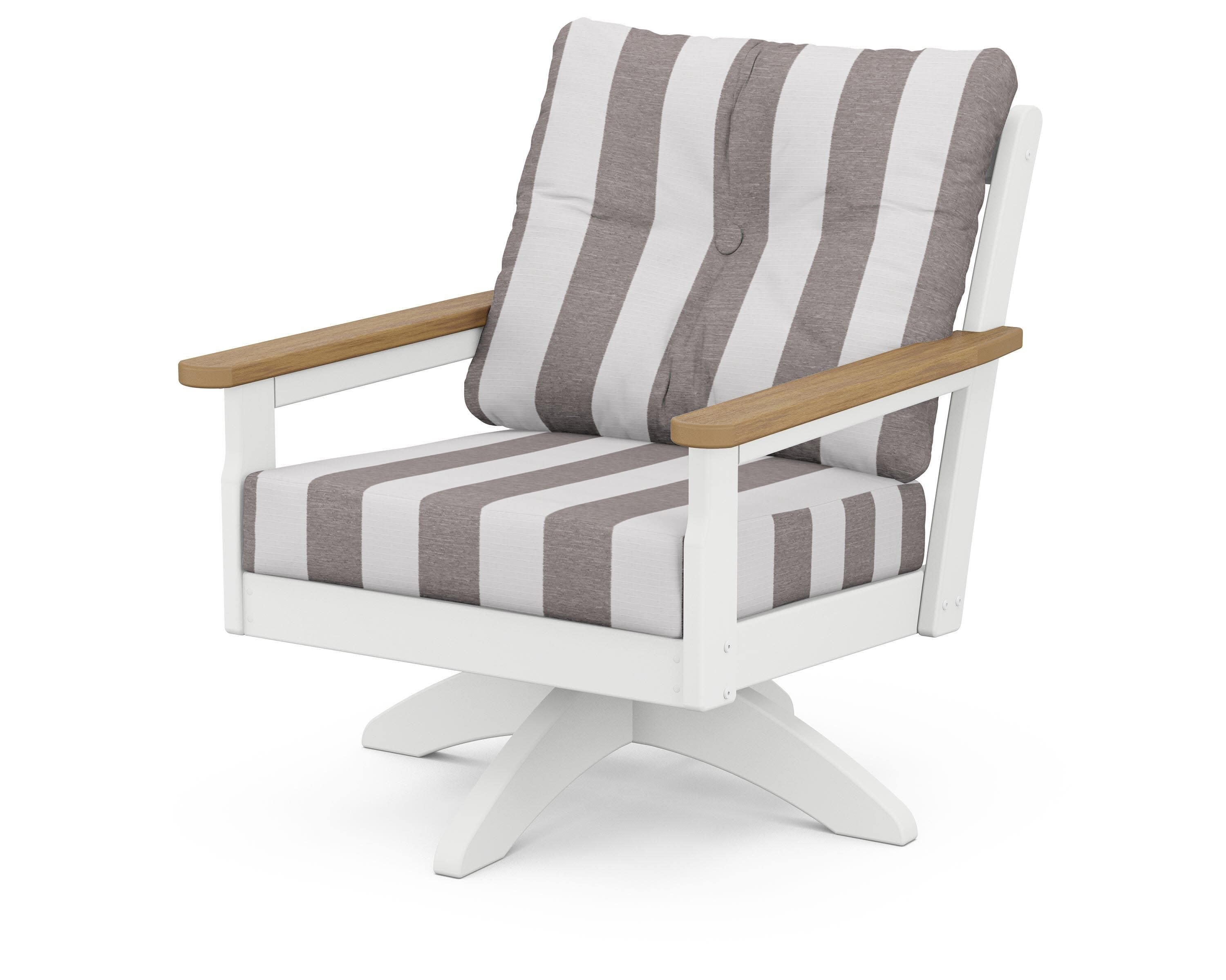 Vineyard Deep Seating Swivel Chair in White / Natural / Cabana Stripe Grey Mist