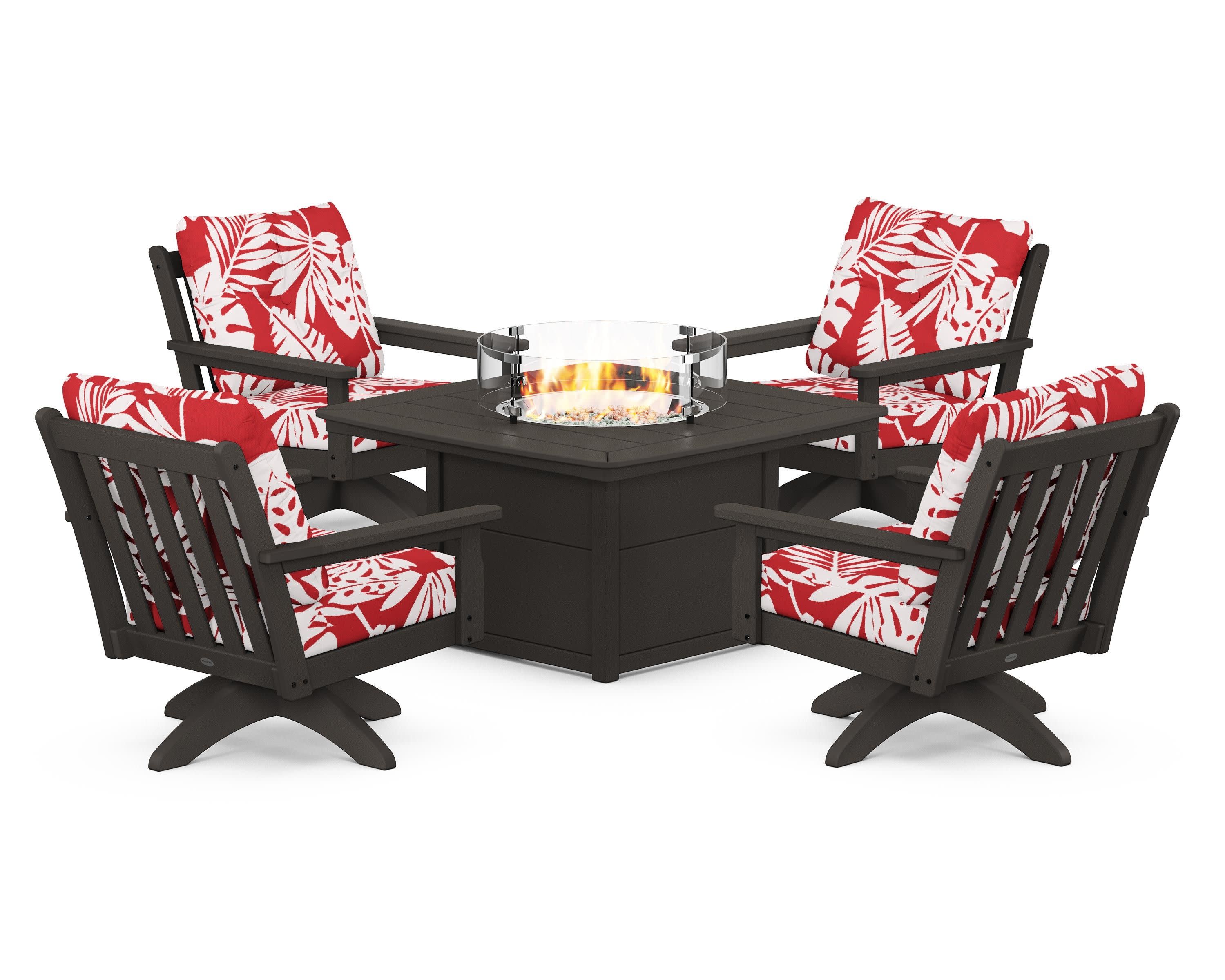 Vineyard 5-Piece Deep Seating Swivel Conversation Set with Fire Pit Table in Vintage Coffee / Leaf Crimson