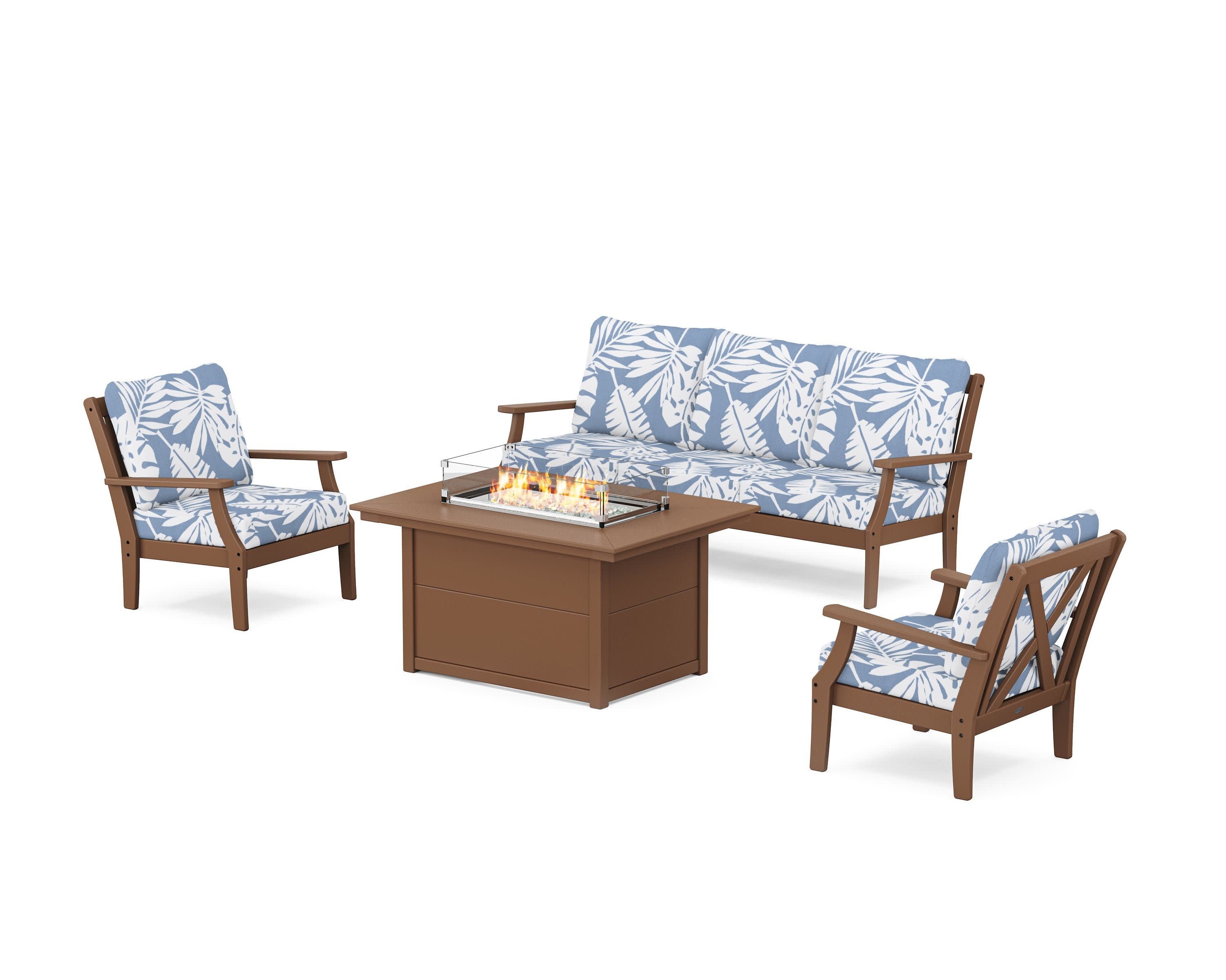 Braxton Deep Seating Fire Pit Table Set in Teak / Leaf Sky Blue