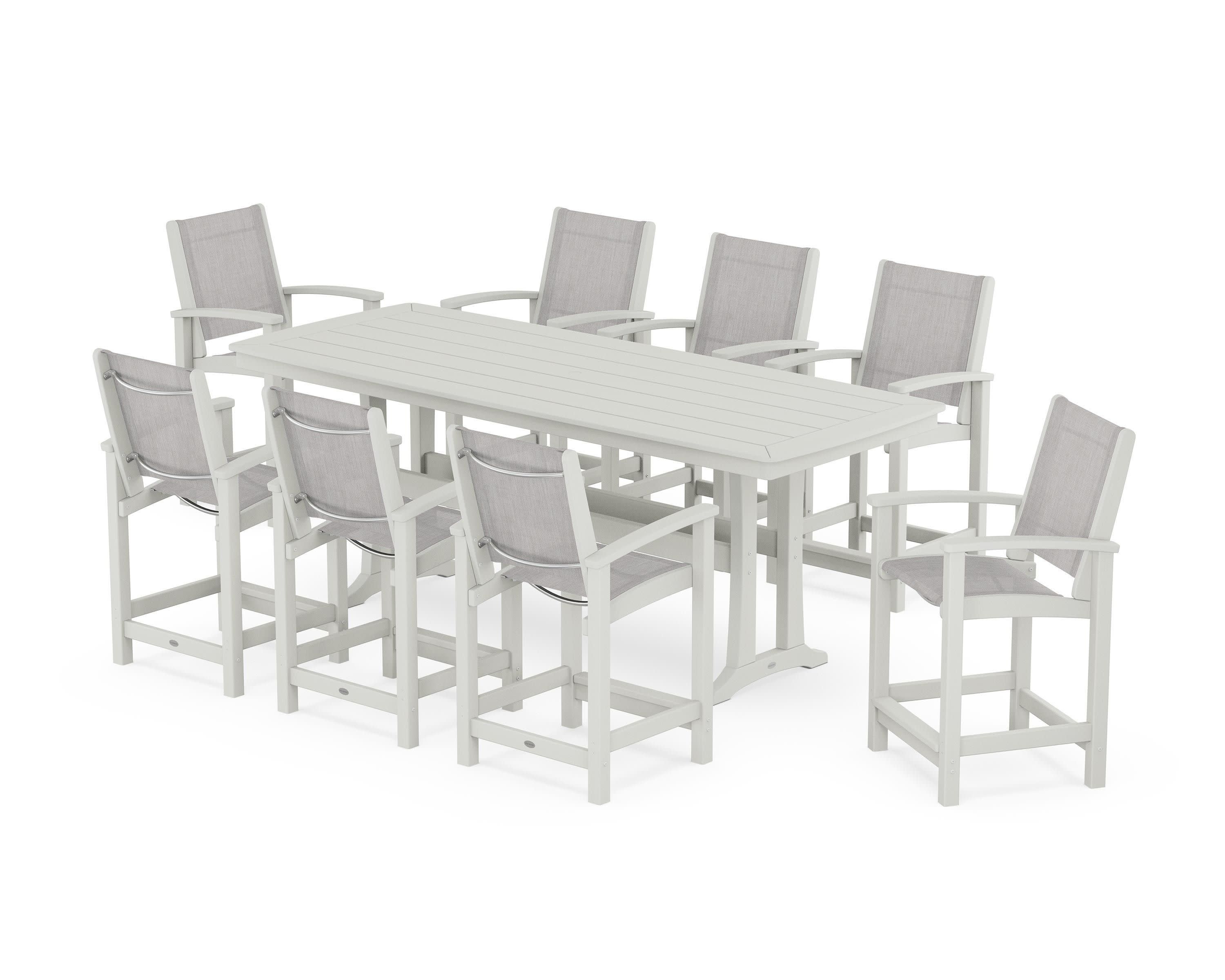 Coastal 9-Piece Counter Set with Trestle Legs in Vintage White / Parchment Sling