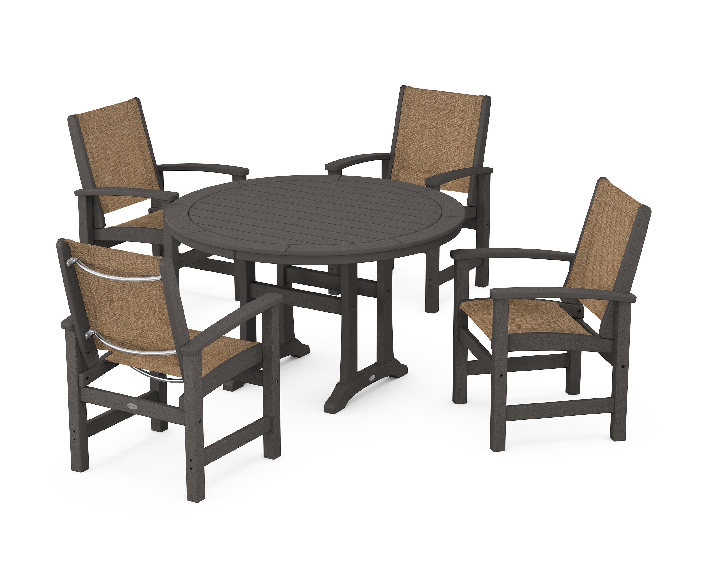 Coastal 5-Piece Round Dining Set with Trestle Legs in Vintage Coffee / Burlap Sling