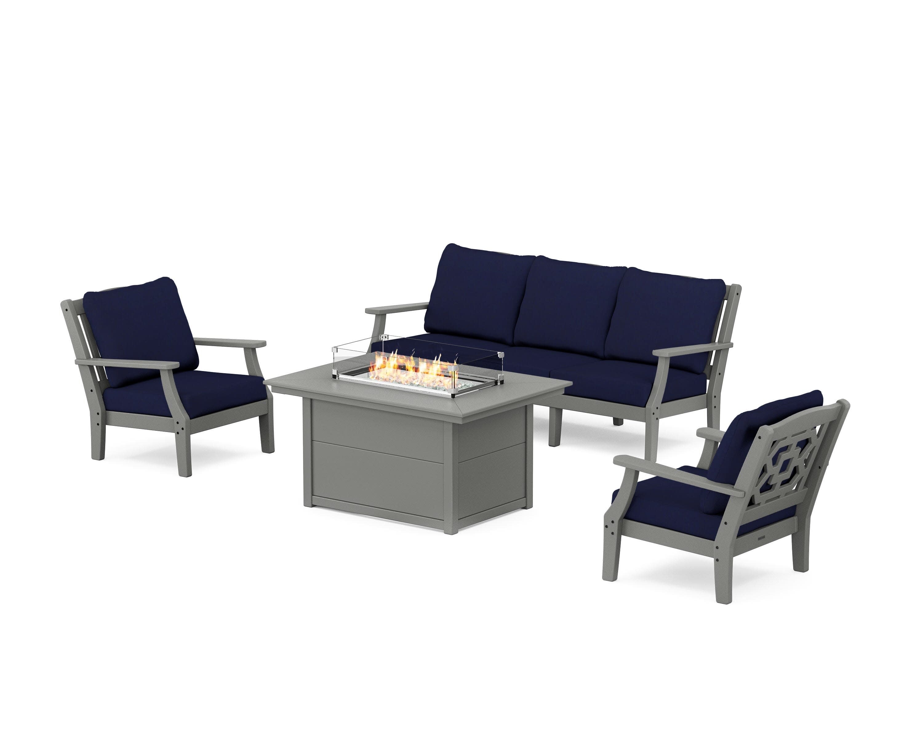 Chinoiserie Deep Seating Fire Pit Table Set in Slate Grey / Navy