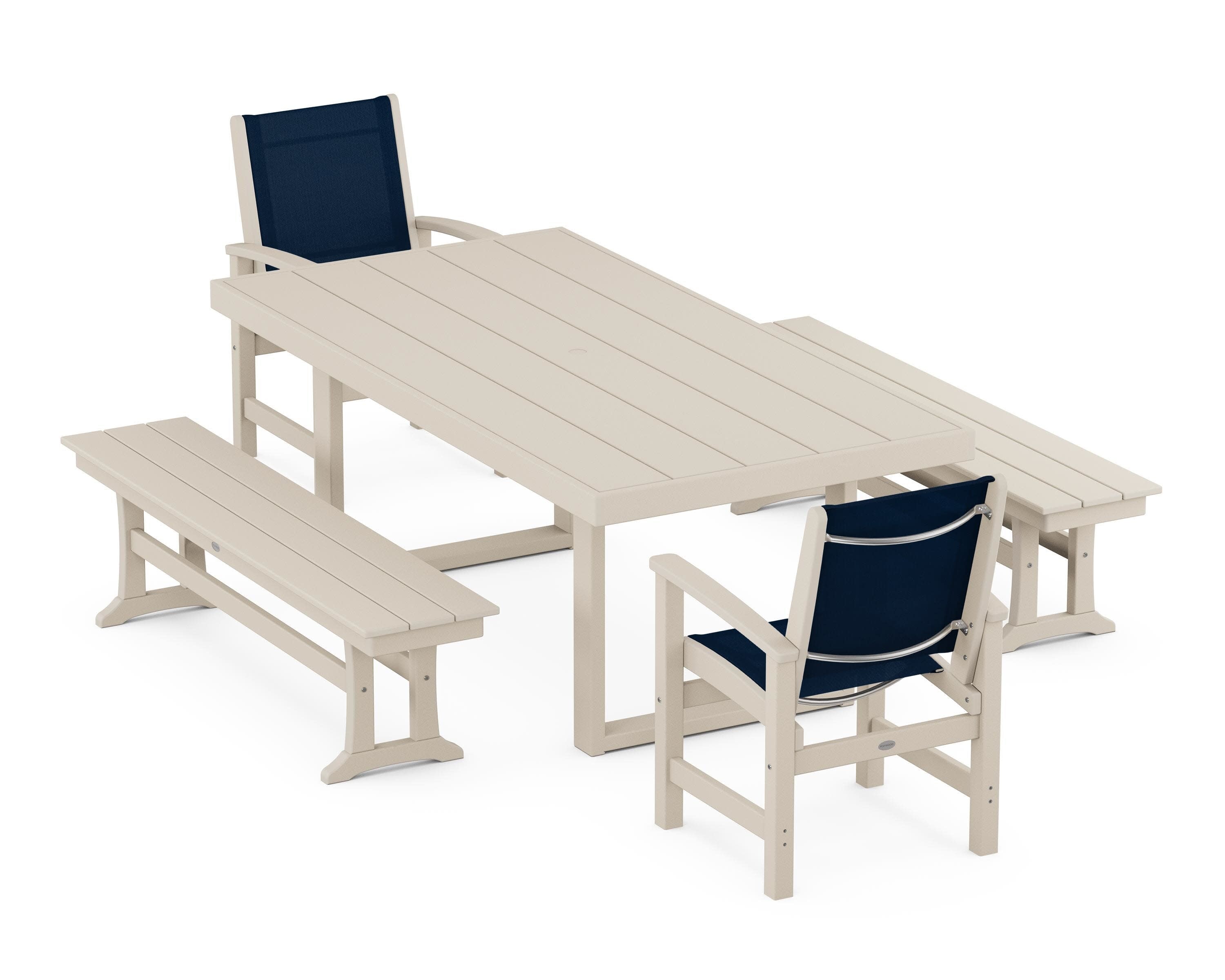 Coastal 5-Piece Dining Set with Trestle Legs in Sand / Navy Blue Sling