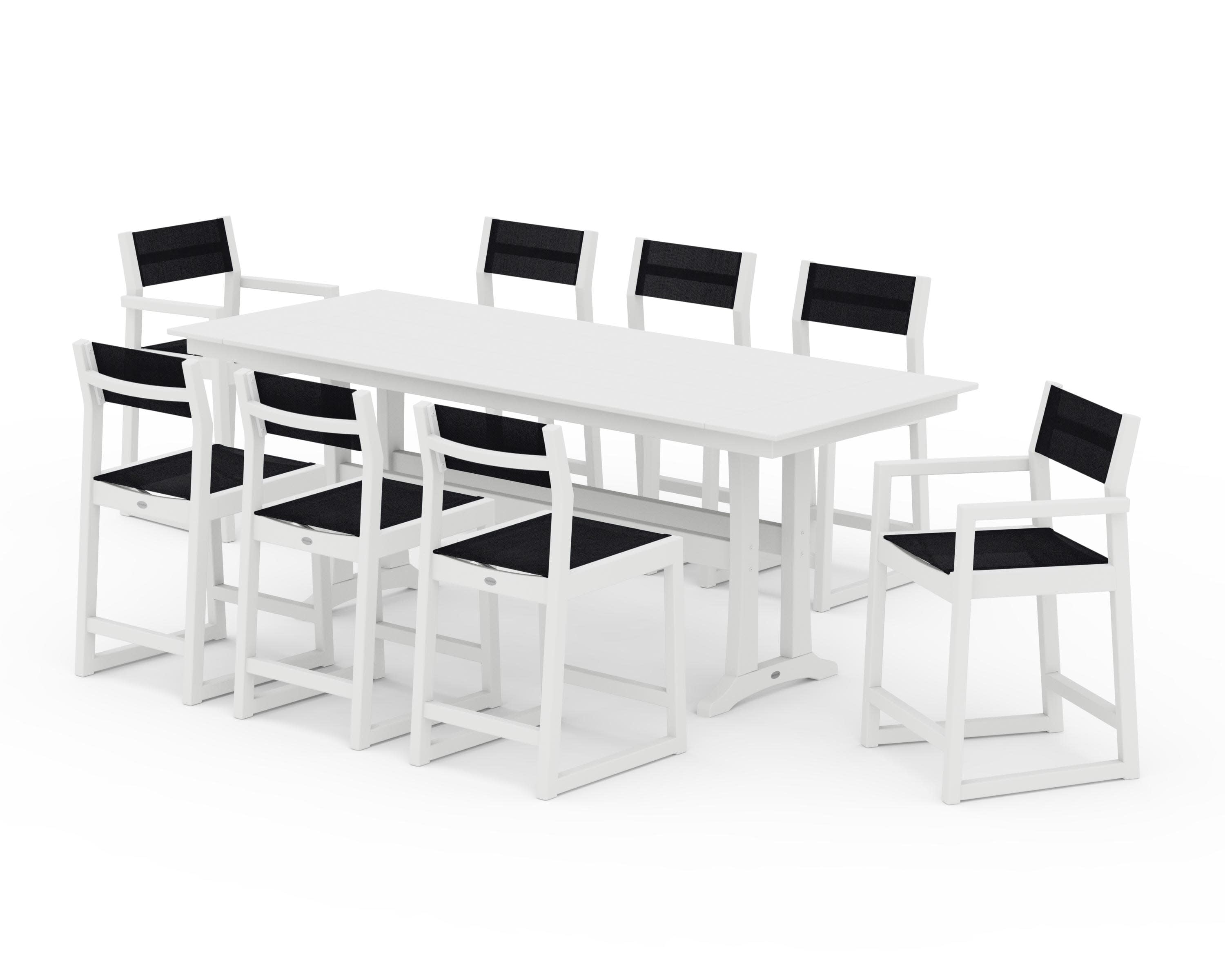 EDGE Sling 9-Piece Farmhouse Counter Set with Trestle Legs in White / Black Sling