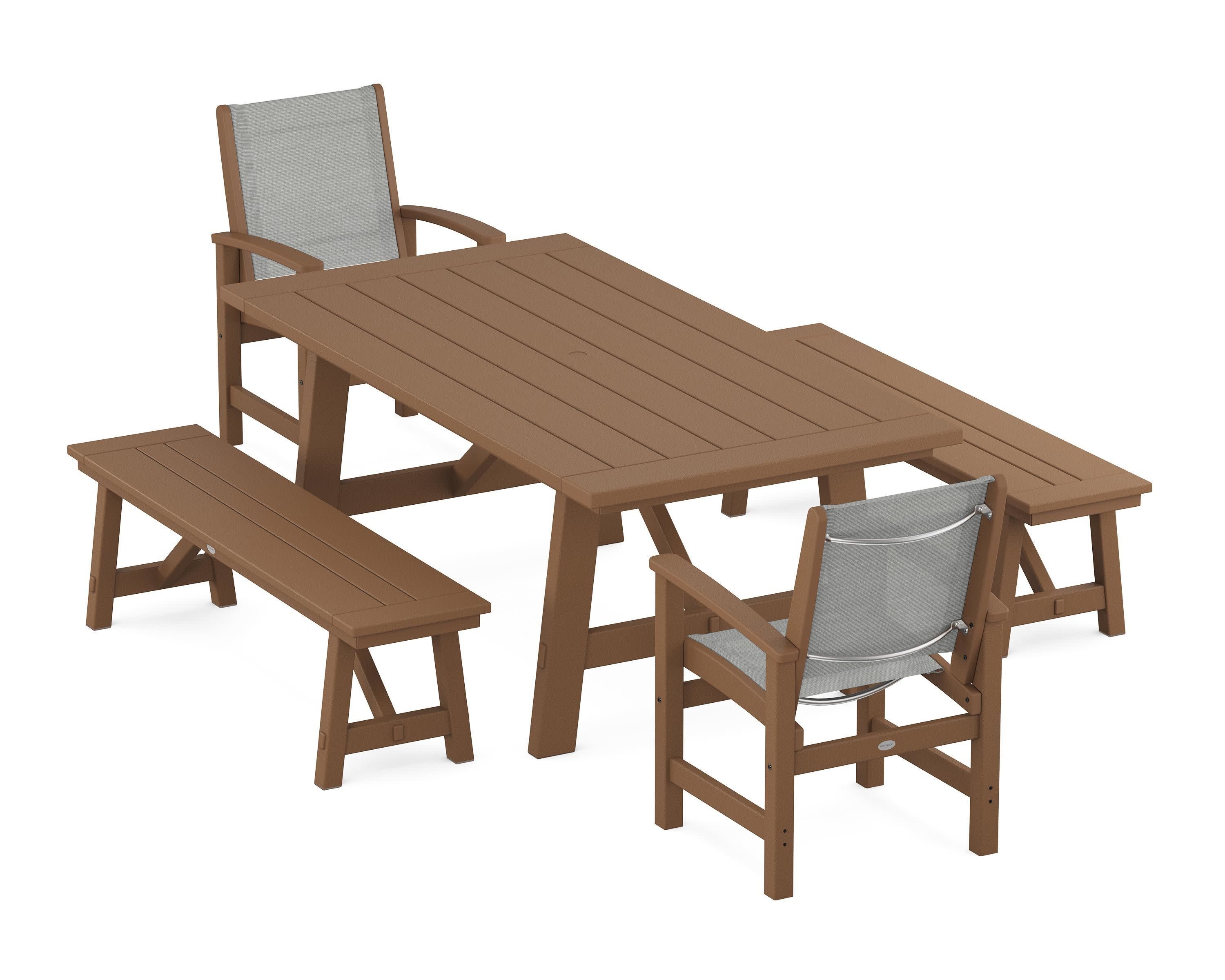 Coastal 5-Piece Rustic Farmhouse Dining Set With Benches in Teak / Metallic Sling
