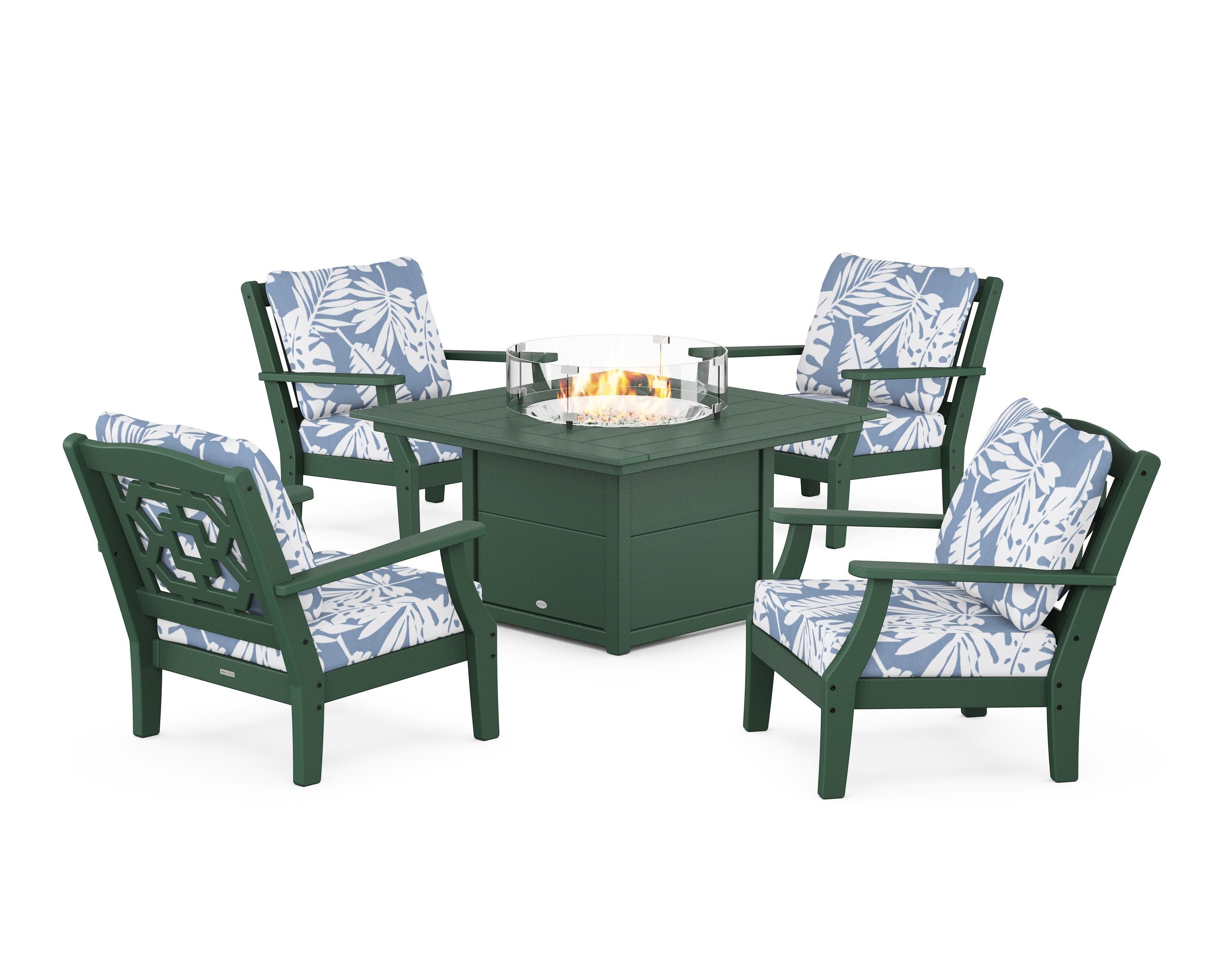 Chinoiserie 5-Piece Deep Seating Set with Fire Pit Table in Green / Leaf Sky Blue