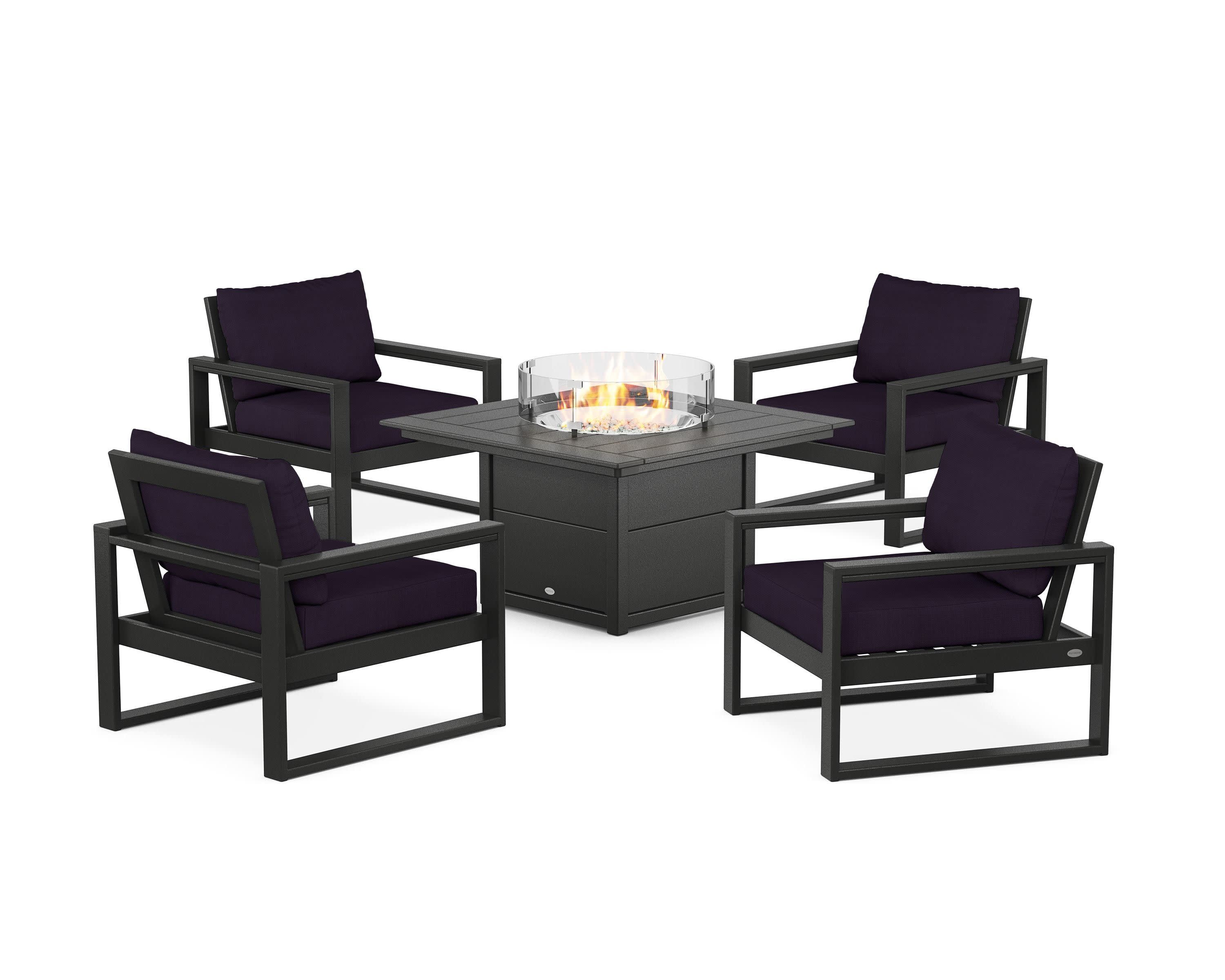 EDGE Sectional 5-Piece Deep Seating Set with Fire Pit Table in Black / Navy Linen