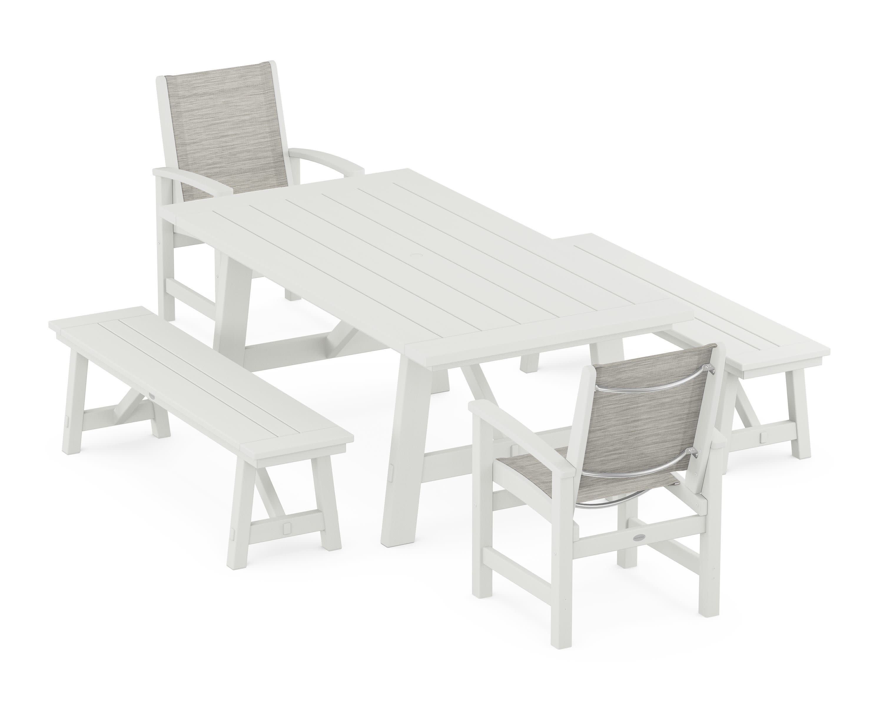 Coastal 5-Piece Rustic Farmhouse Dining Set With Benches in Vintage White / Birch Sling