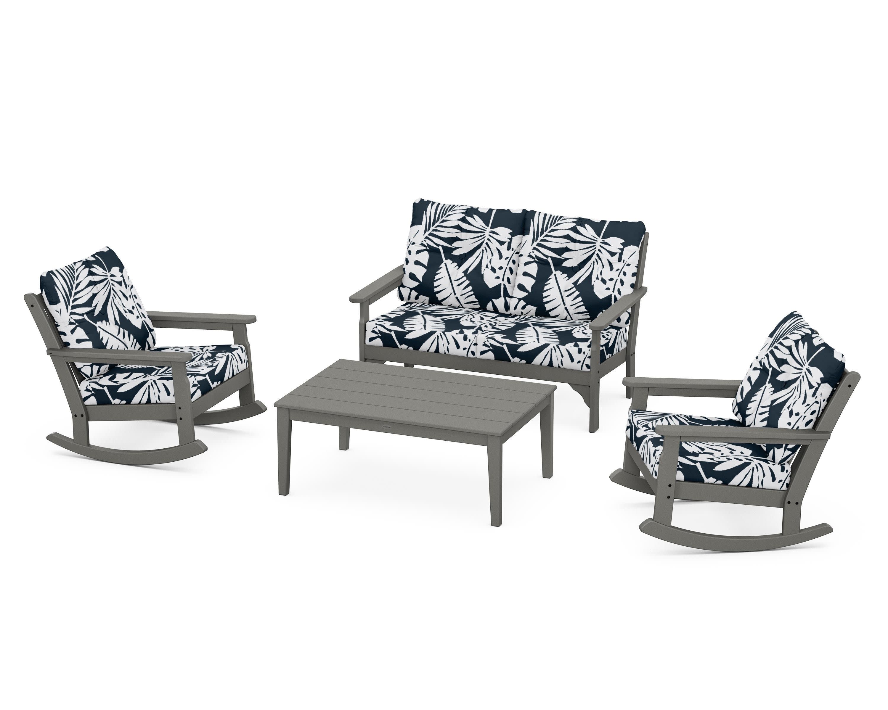 Vineyard 4-Piece Deep Seating Rocking Chair Set in Slate Grey / Leaf Marine Indigo