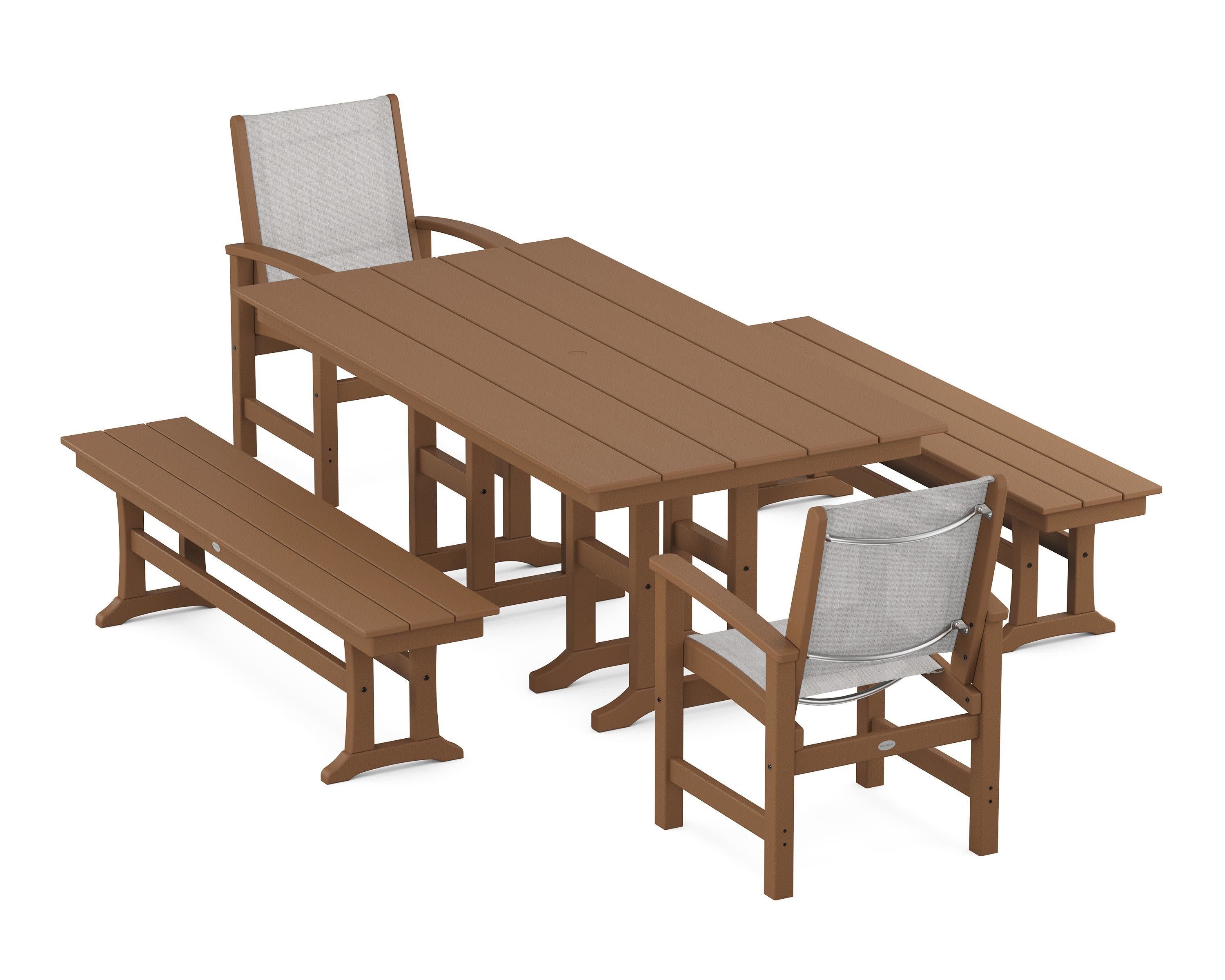 Coastal 5-Piece Farmhouse Dining Set in Teak / Parchment Sling
