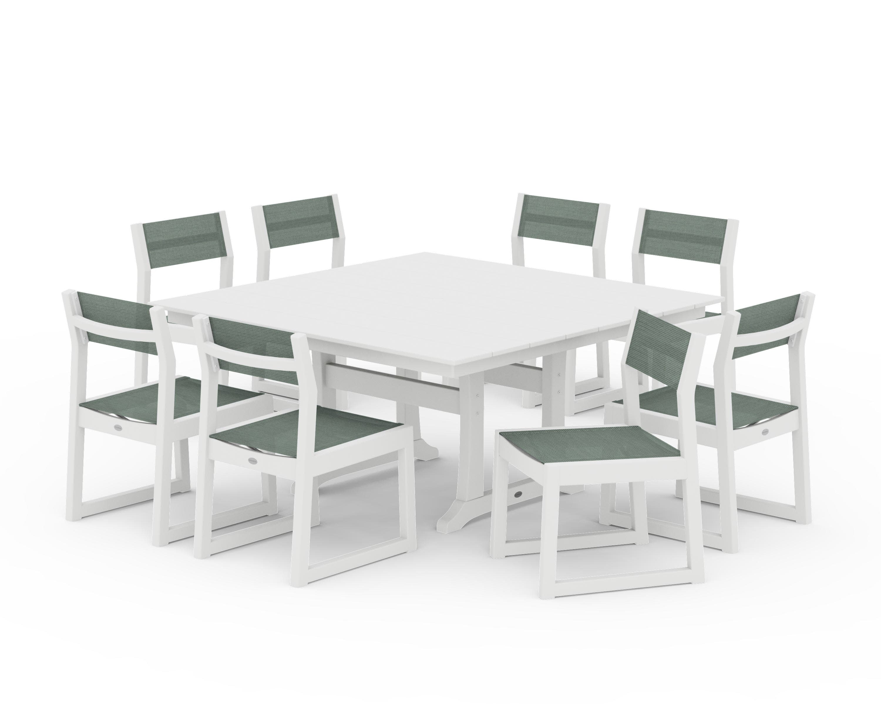 EDGE Sling Side Chair 9-Piece Farmhouse Trestle Dining Set in White / Dupioni Sea Mist Sling