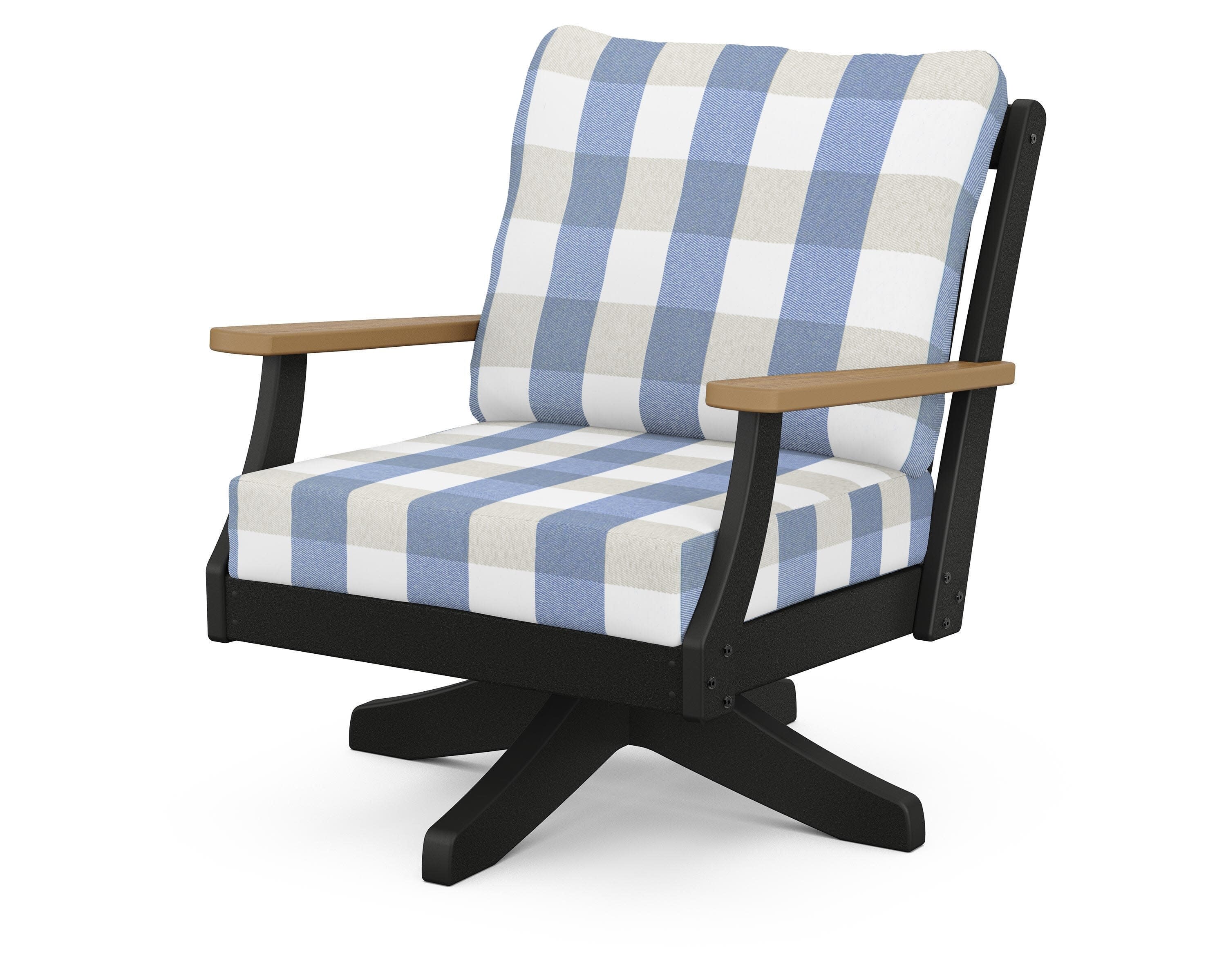 Braxton Deep Seating Swivel Chair in Black / Natural / Buffalo Plaid Sky Blue