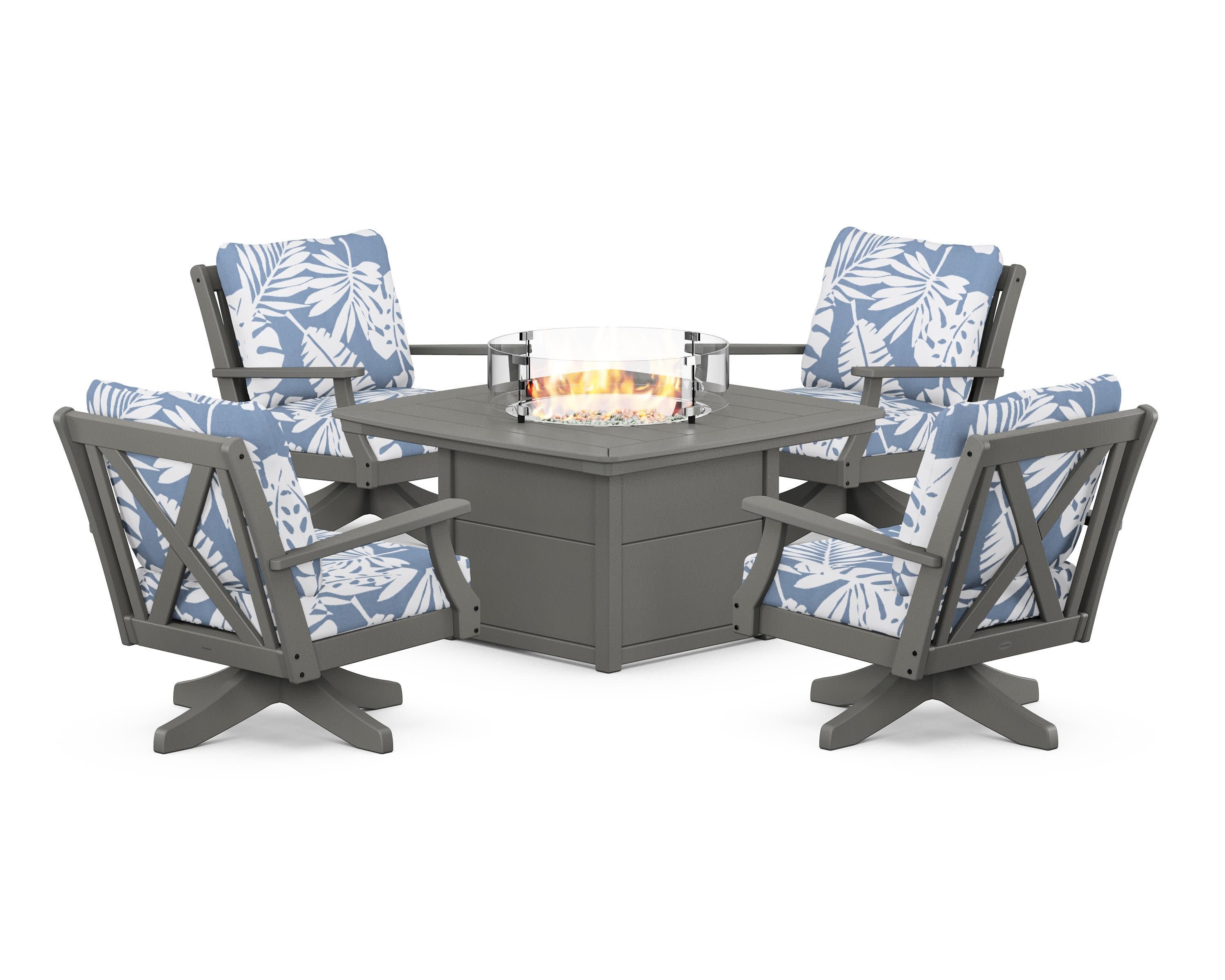 Braxton 5-Piece Deep Seating Swivel Conversation Set with Fire Pit Table in Slate Grey / Leaf Sky Blue
