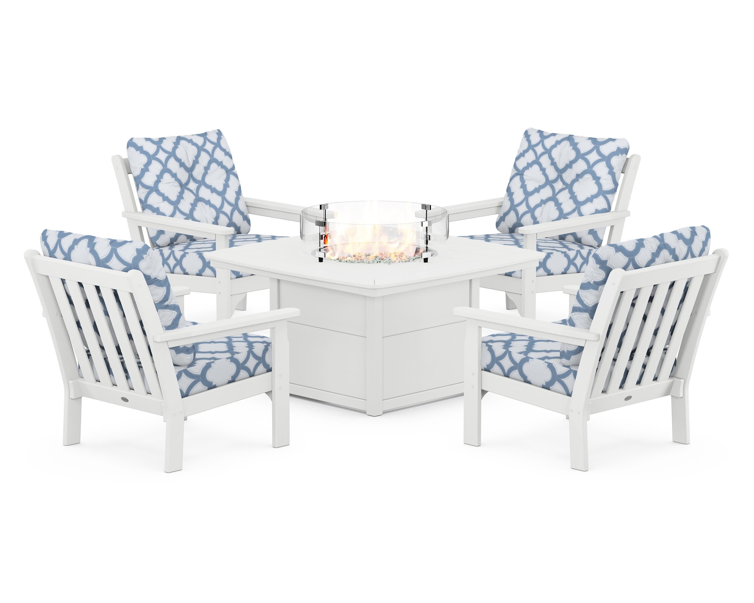 Vineyard 5-Piece Conversation Set with Fire Pit Table in White / Trellis Sky Blue