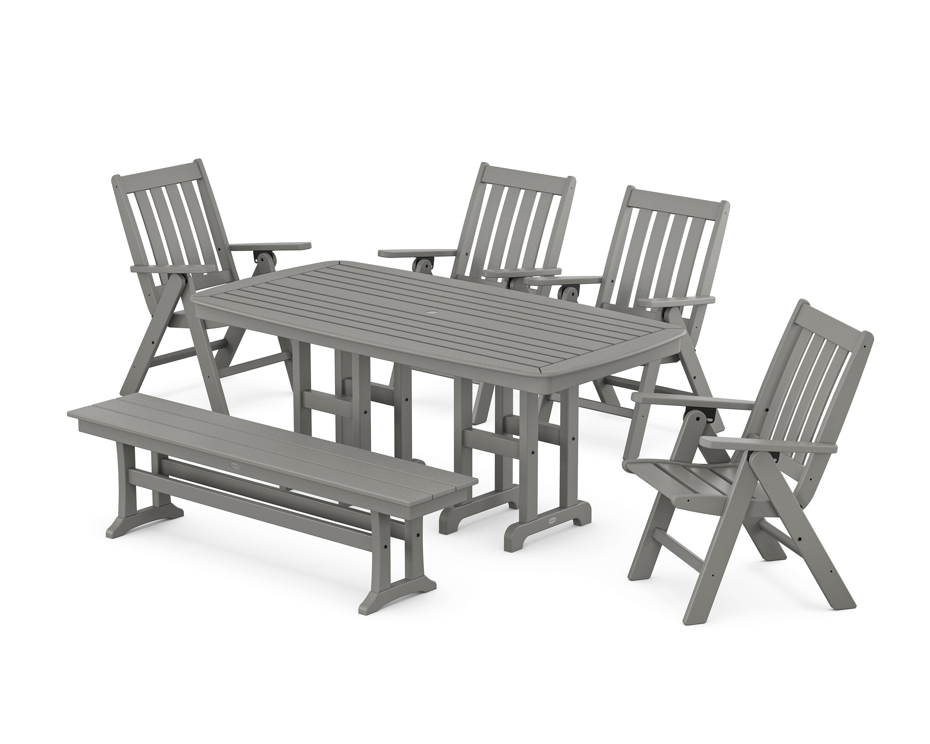 Vineyard Folding Chair 6-Piece Dining Set with Bench in Slate Grey