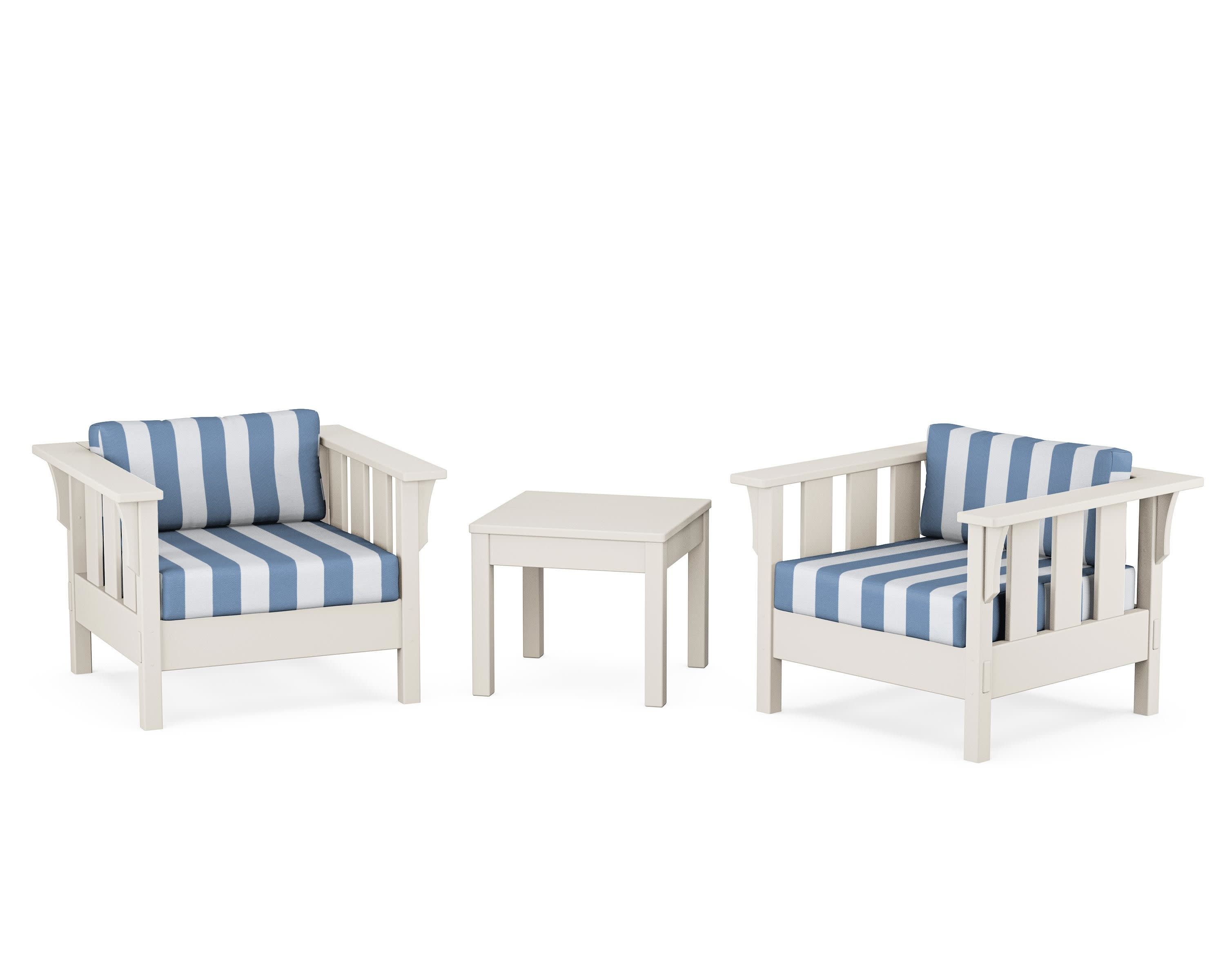 Acadia 3-Piece Deep Seating Set in Sand / Cabana Stripe Sky Blue