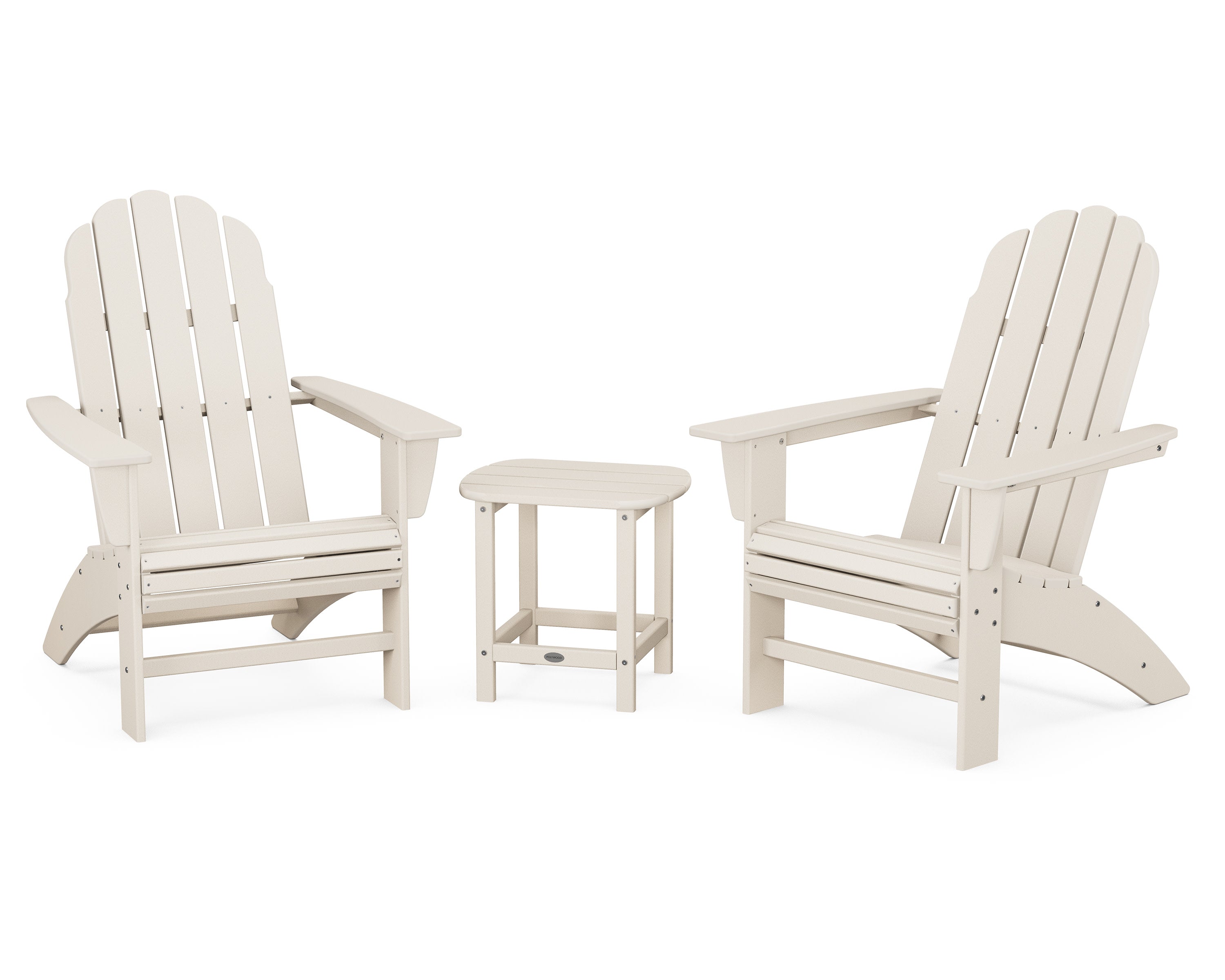 Vineyard 3-Piece Curveback Adirondack Set with South Beach 18" Side Table in Sand