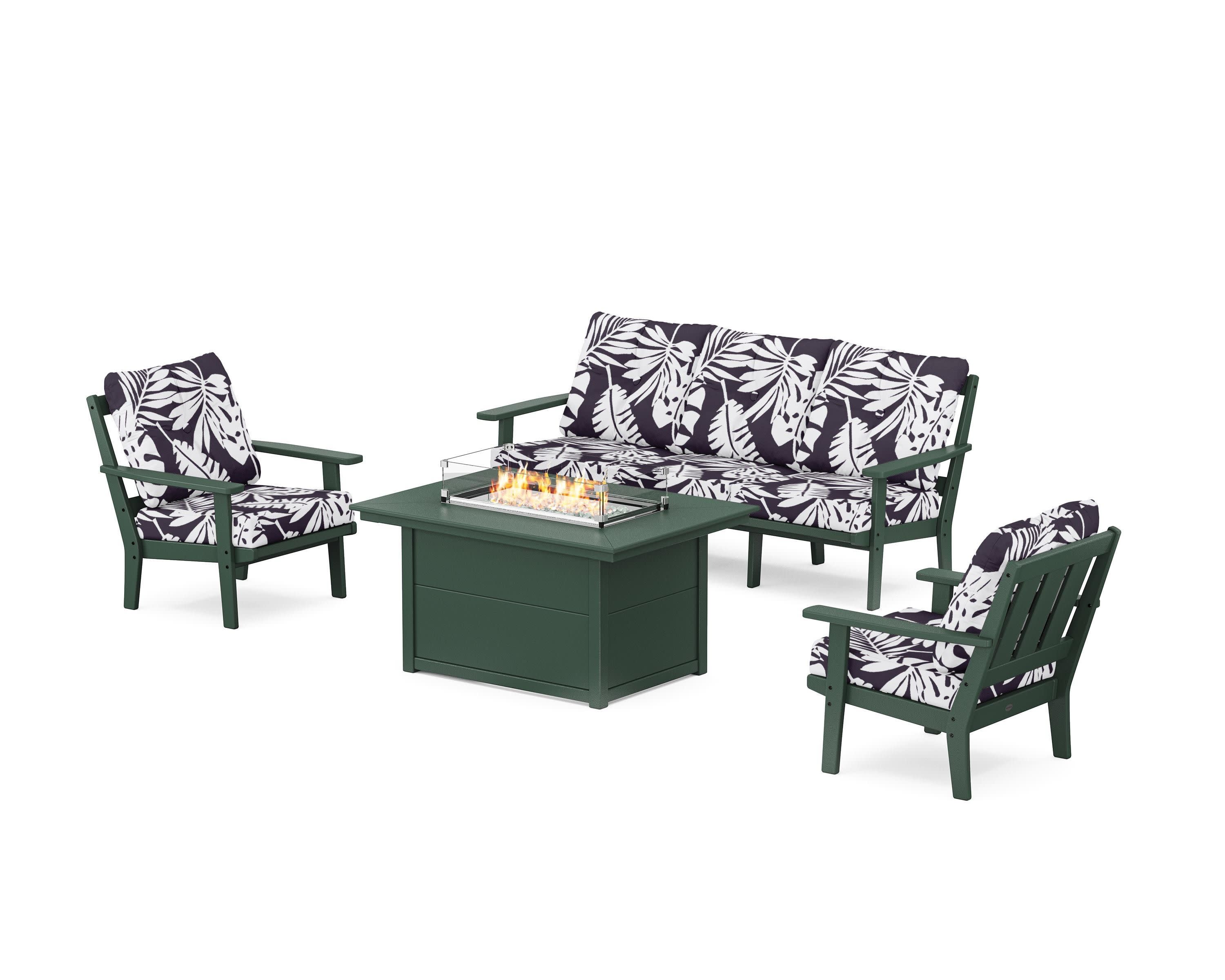 Oxford Deep Seating Fire Pit Table Set in Green / Leaf Navy