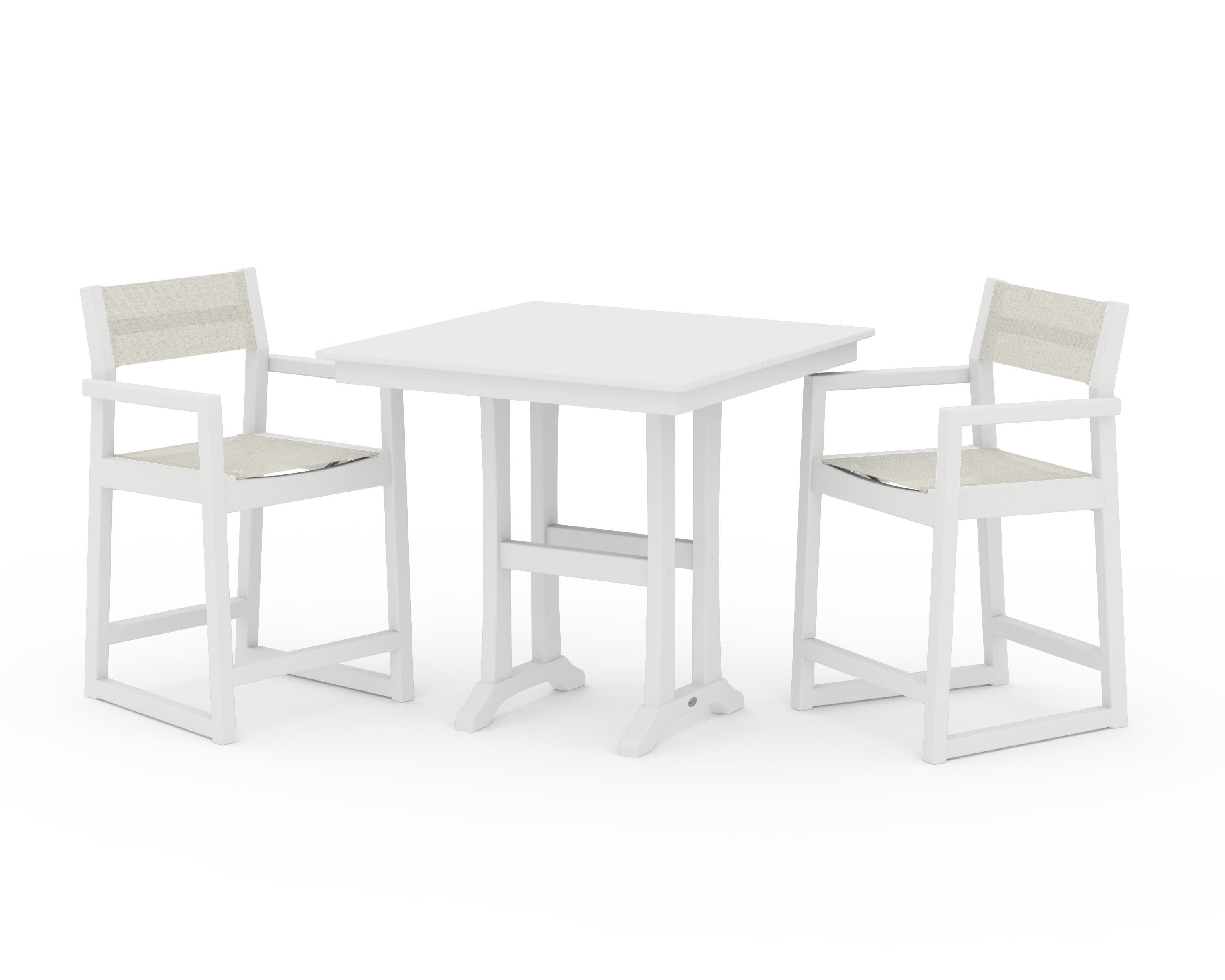 EDGE Sling Arm Chair 3-Piece Farmhouse Counter Set with Trestle Legs in White / Parchment Sling