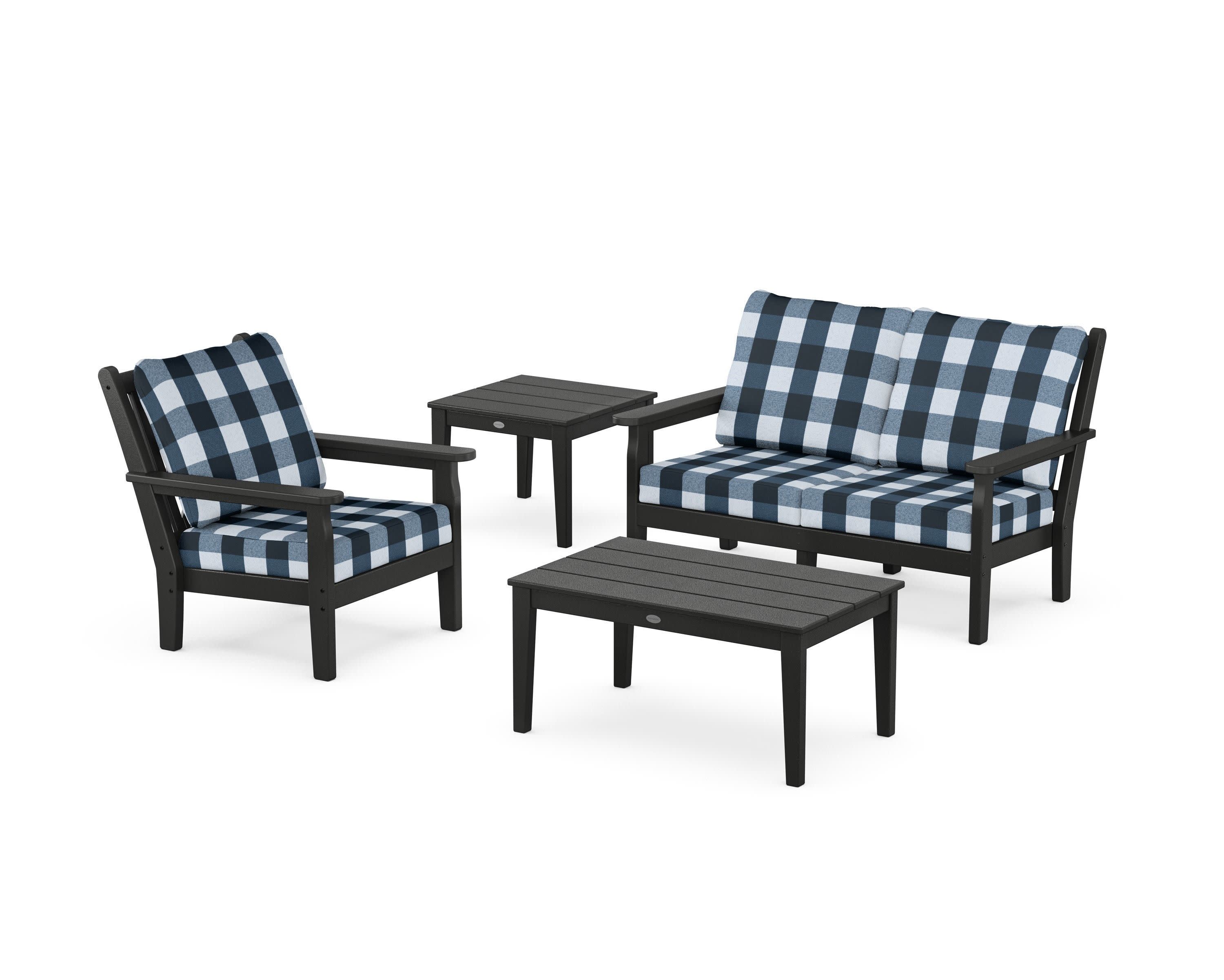 Chippendale 4-Piece Deep Seating Set in Black / Buffalo Plaid Marine Indigo