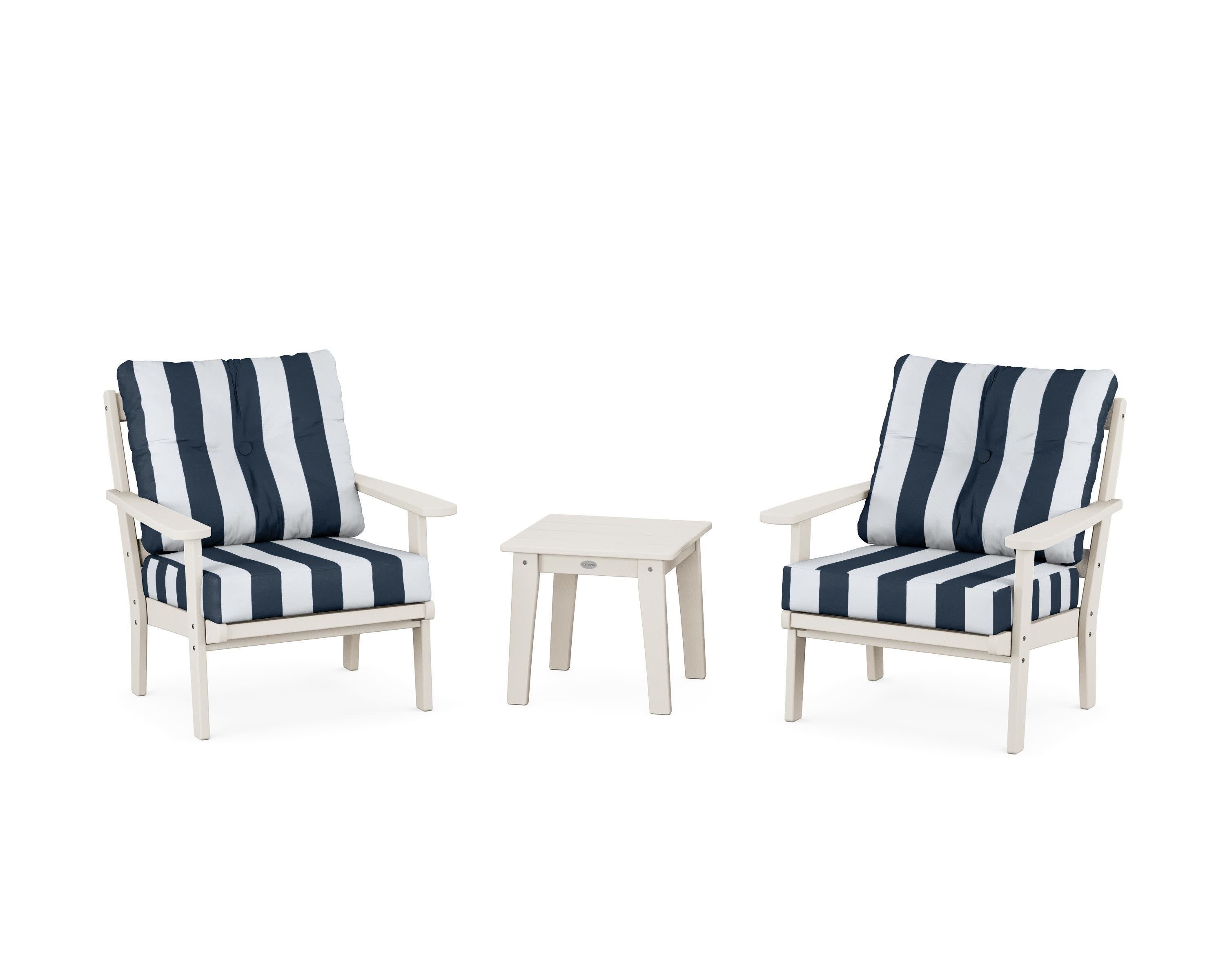 Mission 3-Piece Deep Seating Set in Sand / Cabana Stripe Marine Indigo