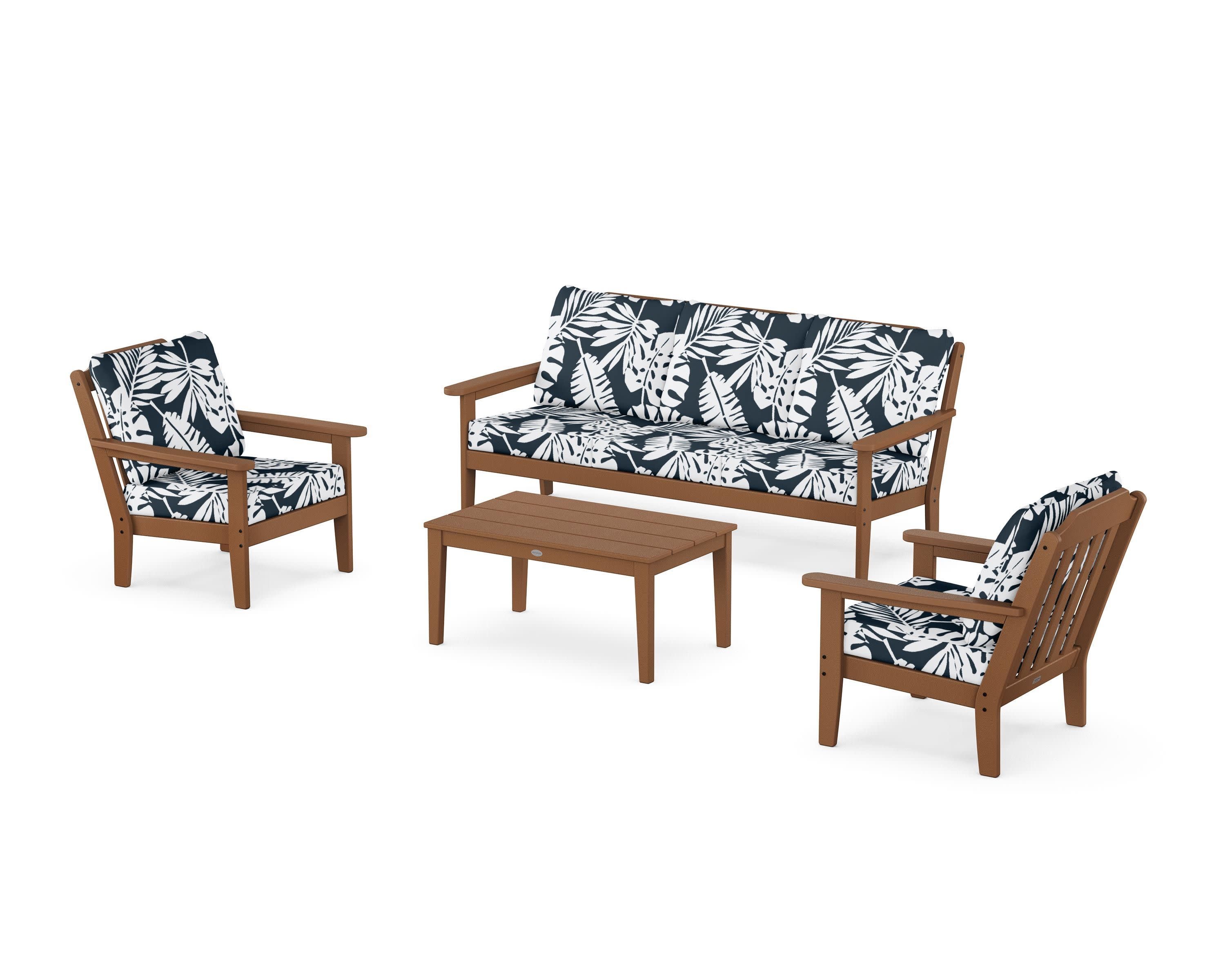 Cottage 4-Piece Deep Seating Set with Sofa in Teak / Leaf Marine Indigo