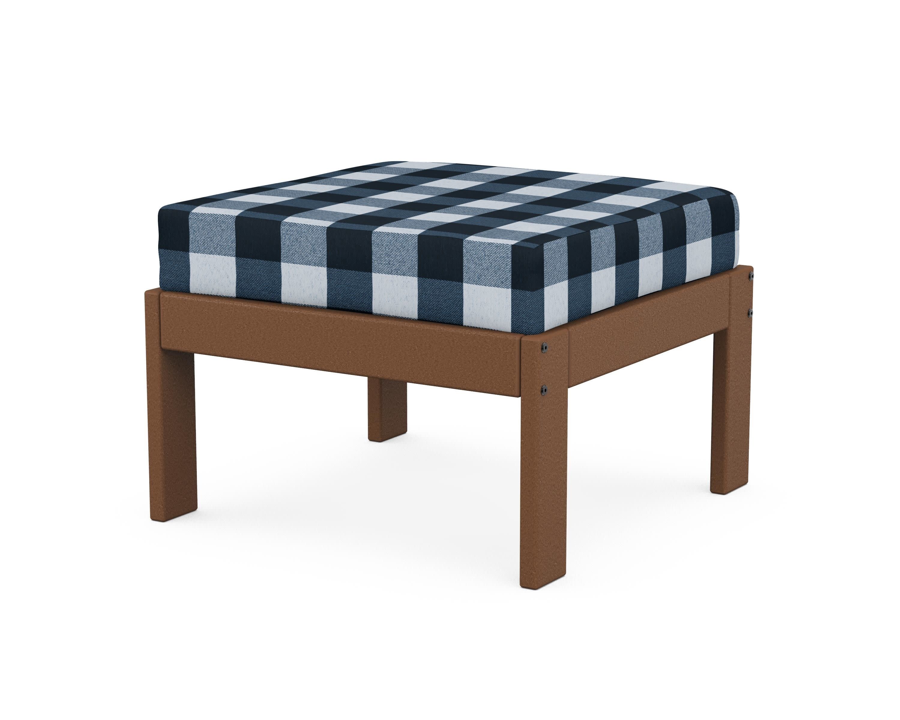 Vineyard Modular Ottoman in Teak / Buffalo Plaid Marine Indigo