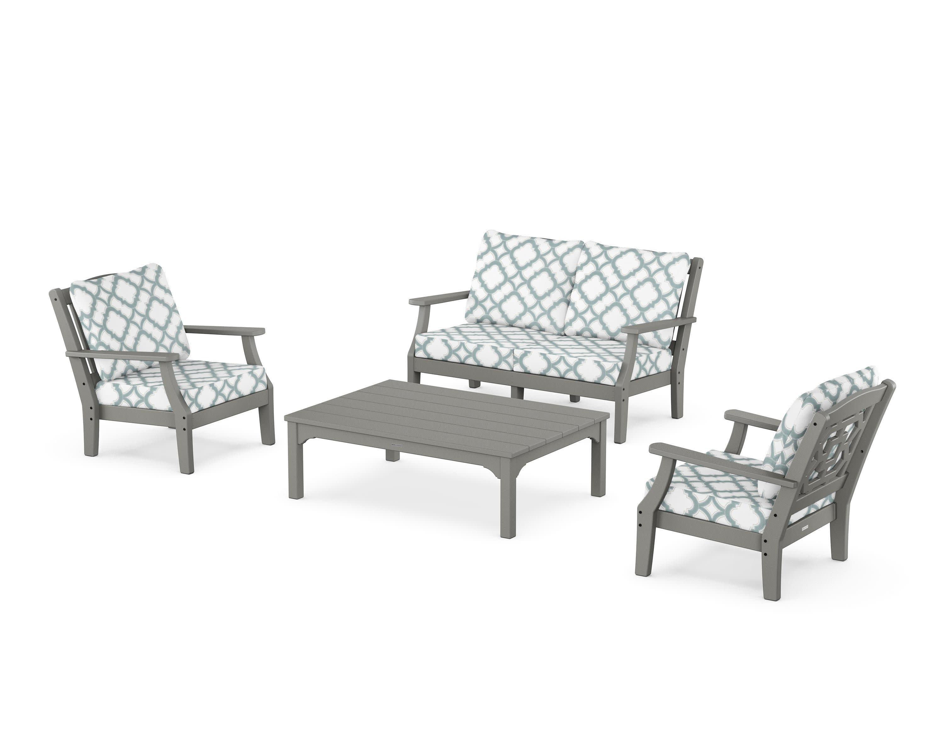 Chinoiserie 4-Piece Deep Seating Set with Loveseat in Slate Grey / Trellis Glacier Spa