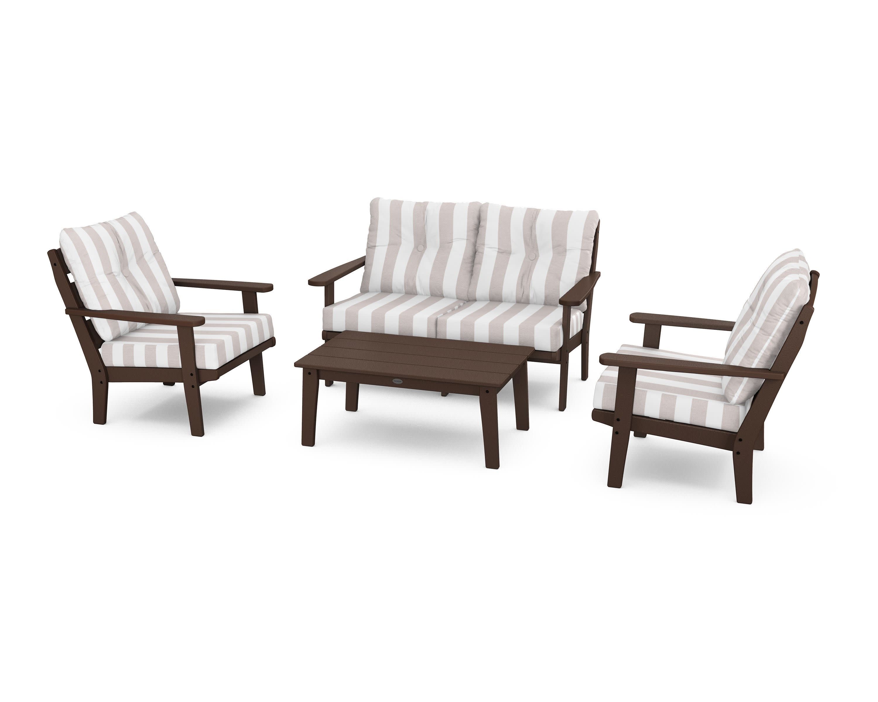Lakeside 4-Piece Deep Seating Set in Mahogany / Cabana Stripe Dune Burlap