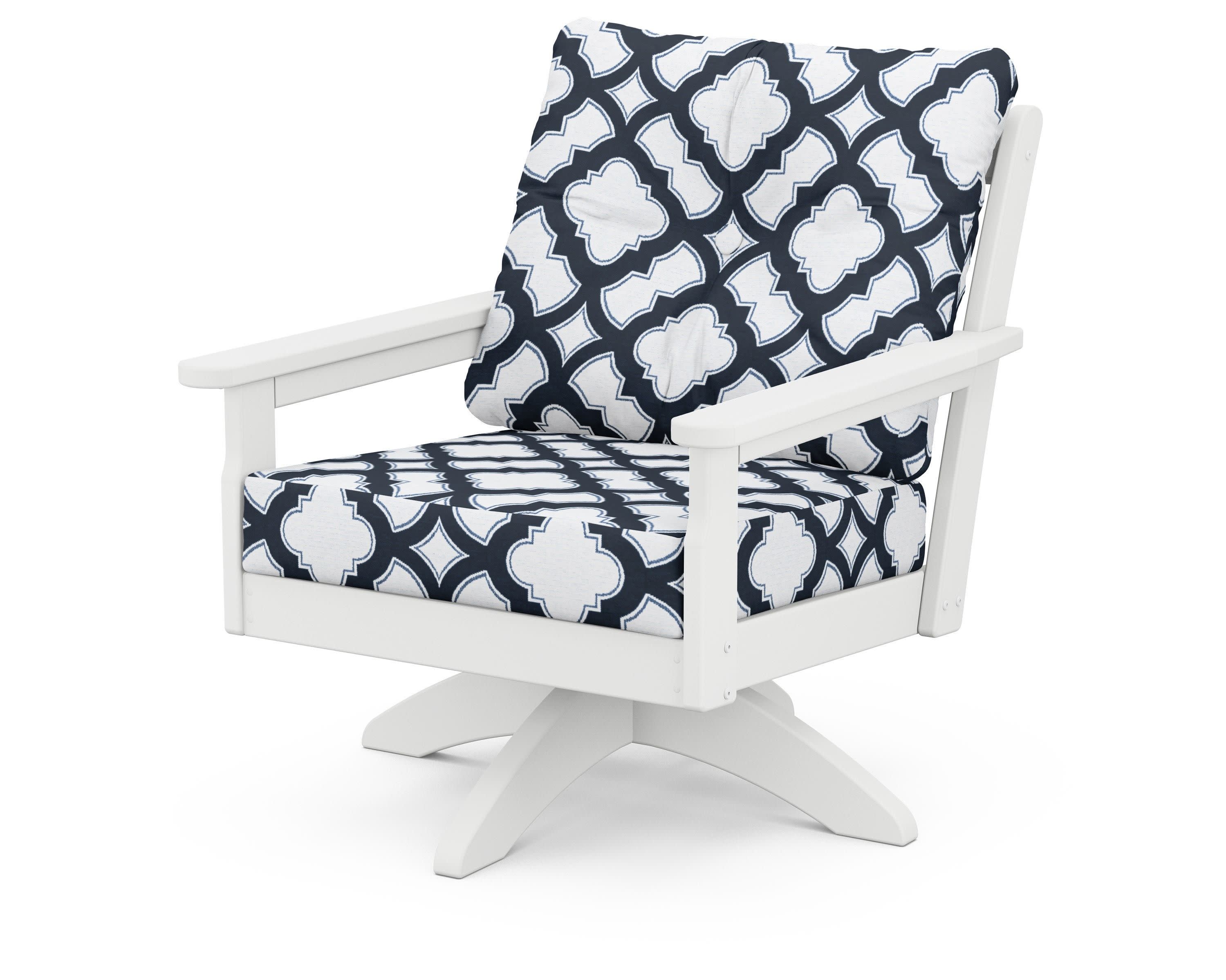 Vineyard Deep Seating Swivel Chair in White / Trellis Marine Indigo