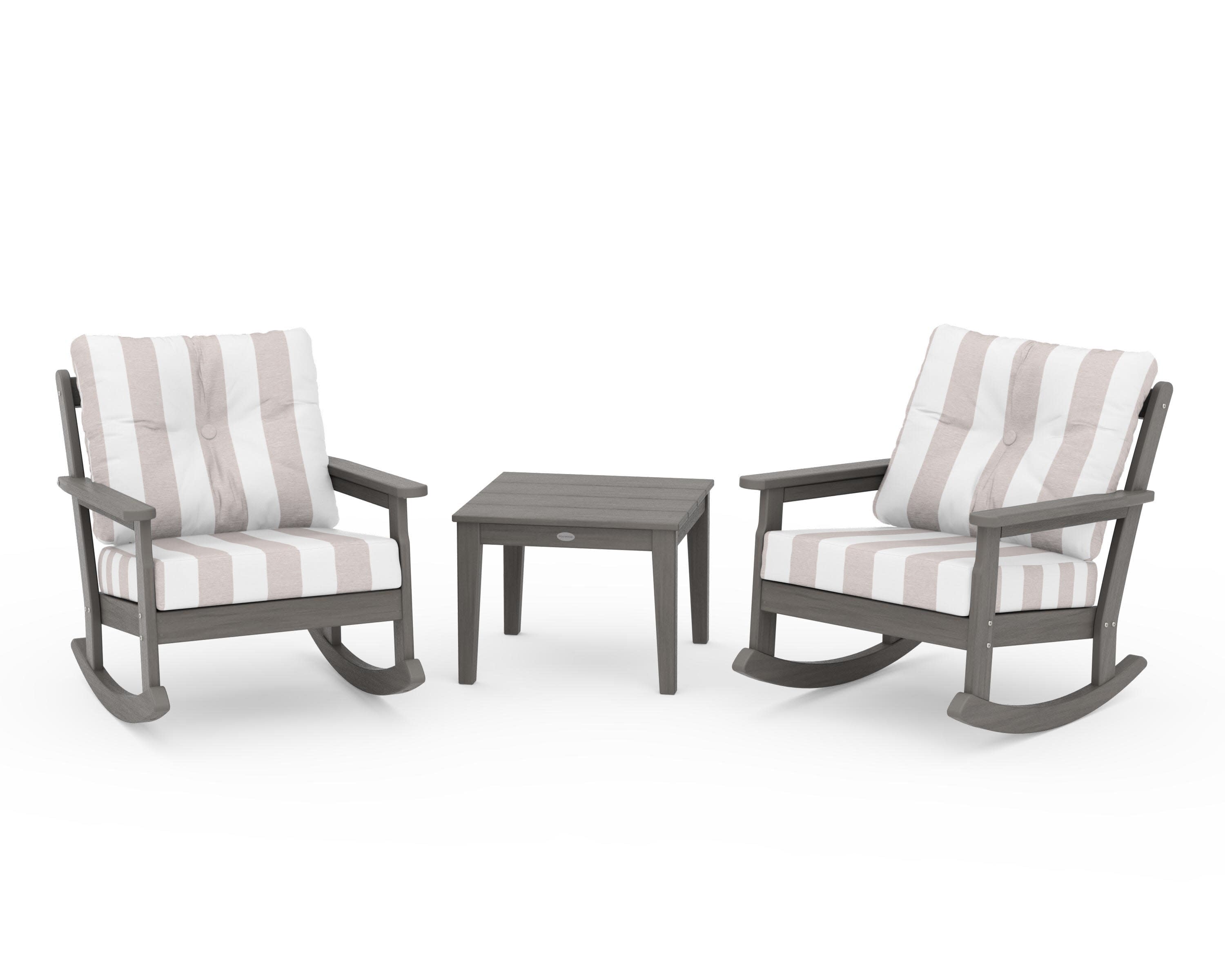 Vineyard 3-Piece Deep Seating Rocker Set in Driftwood / Cabana Stripe Dune Burlap