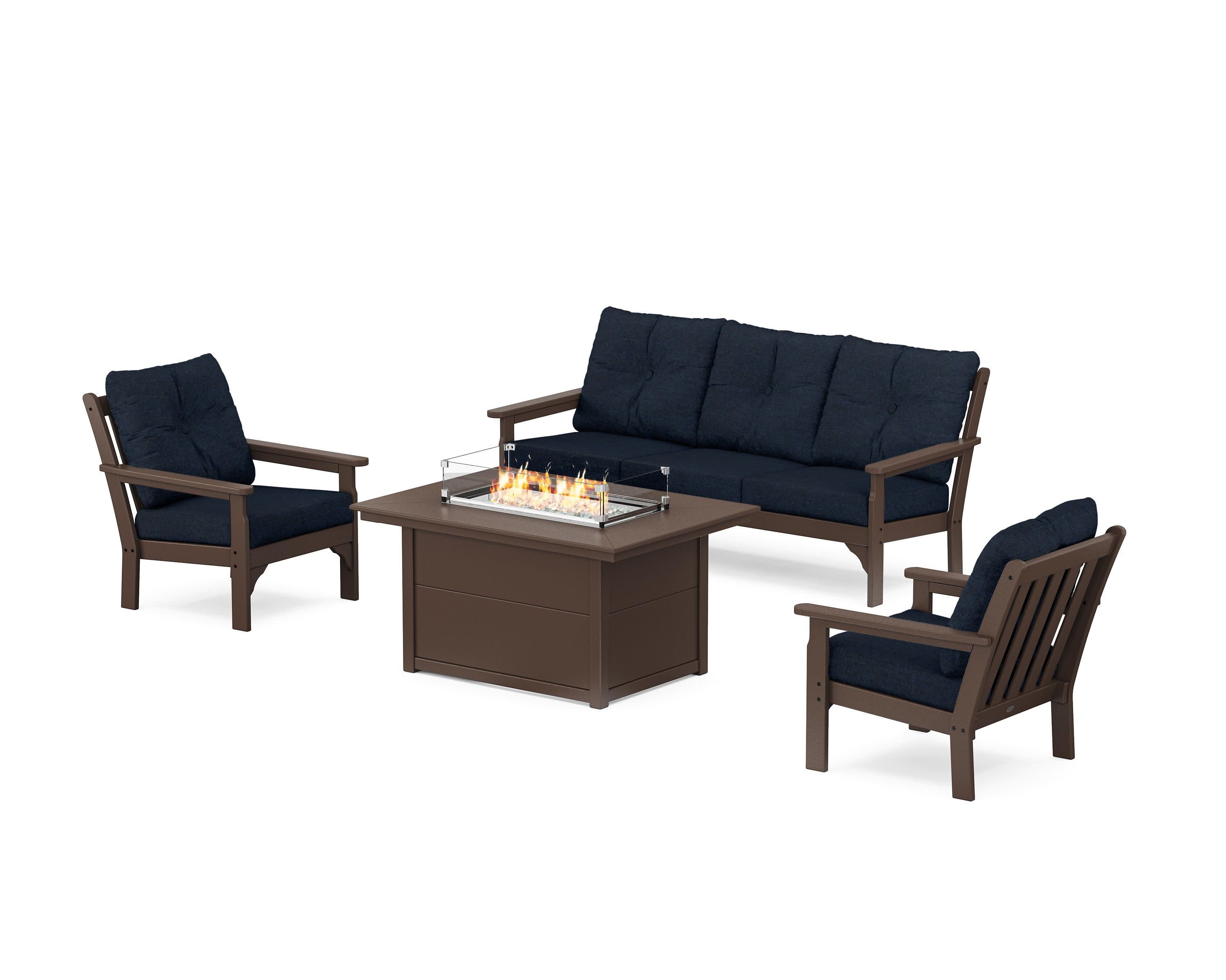 Vineyard Deep Seating Fire Pit Table Set in Mahogany / Marine Indigo