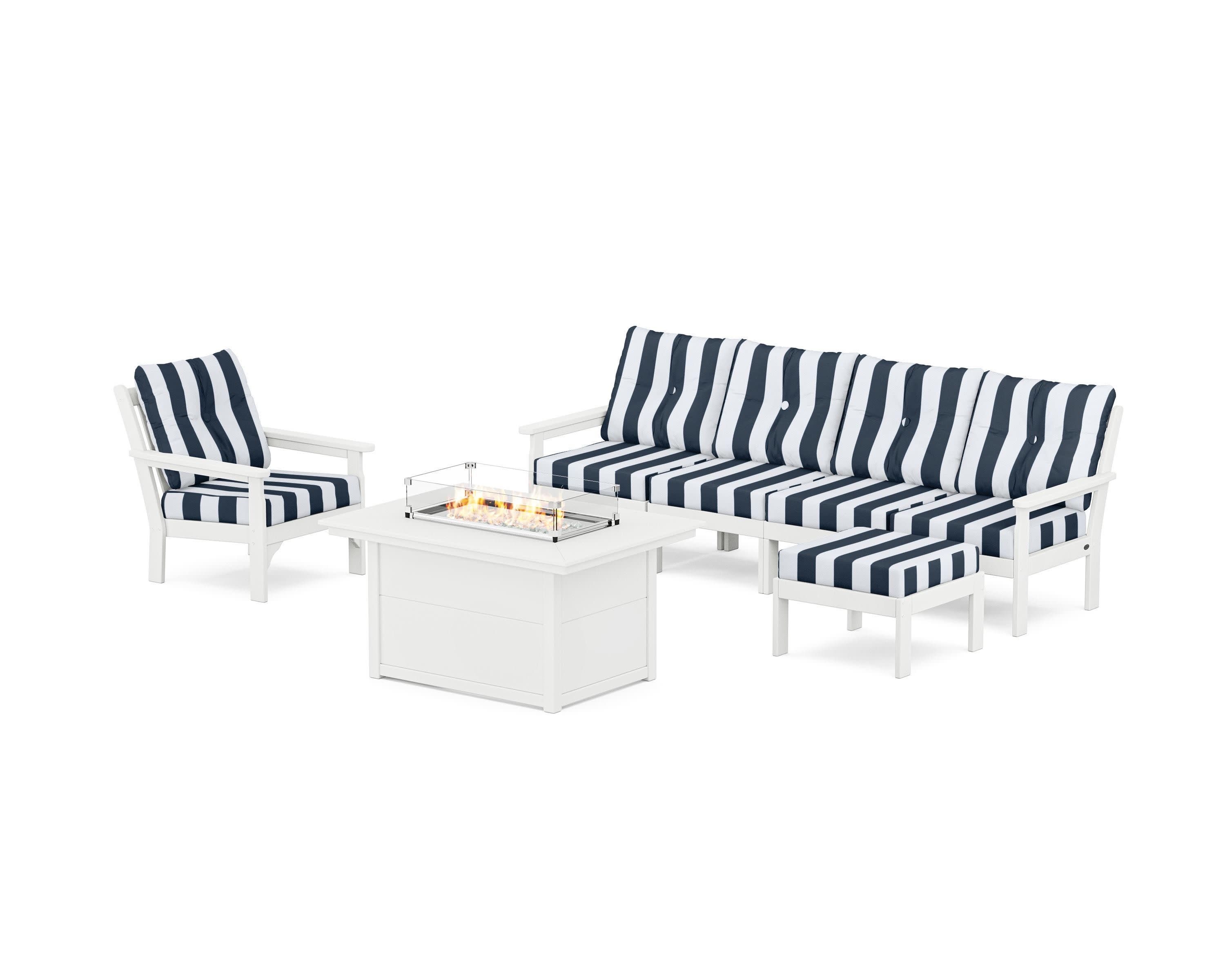 Vineyard Sectional Lounge and Fire Pit Set in White / Cabana Stripe Marine Indigo