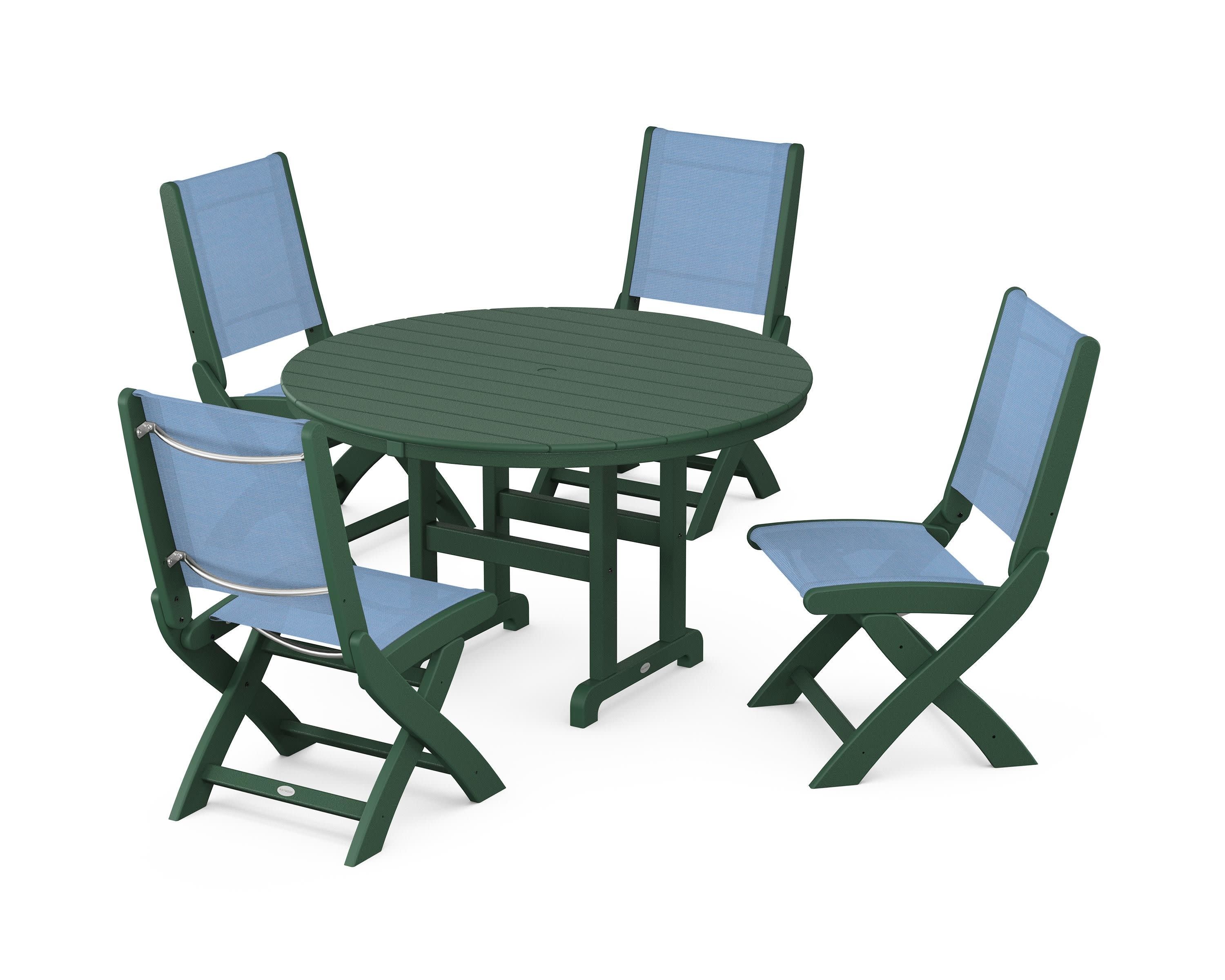 Coastal Folding Side Chair 5-Piece Round Dining Set in Green / Poolside Sling