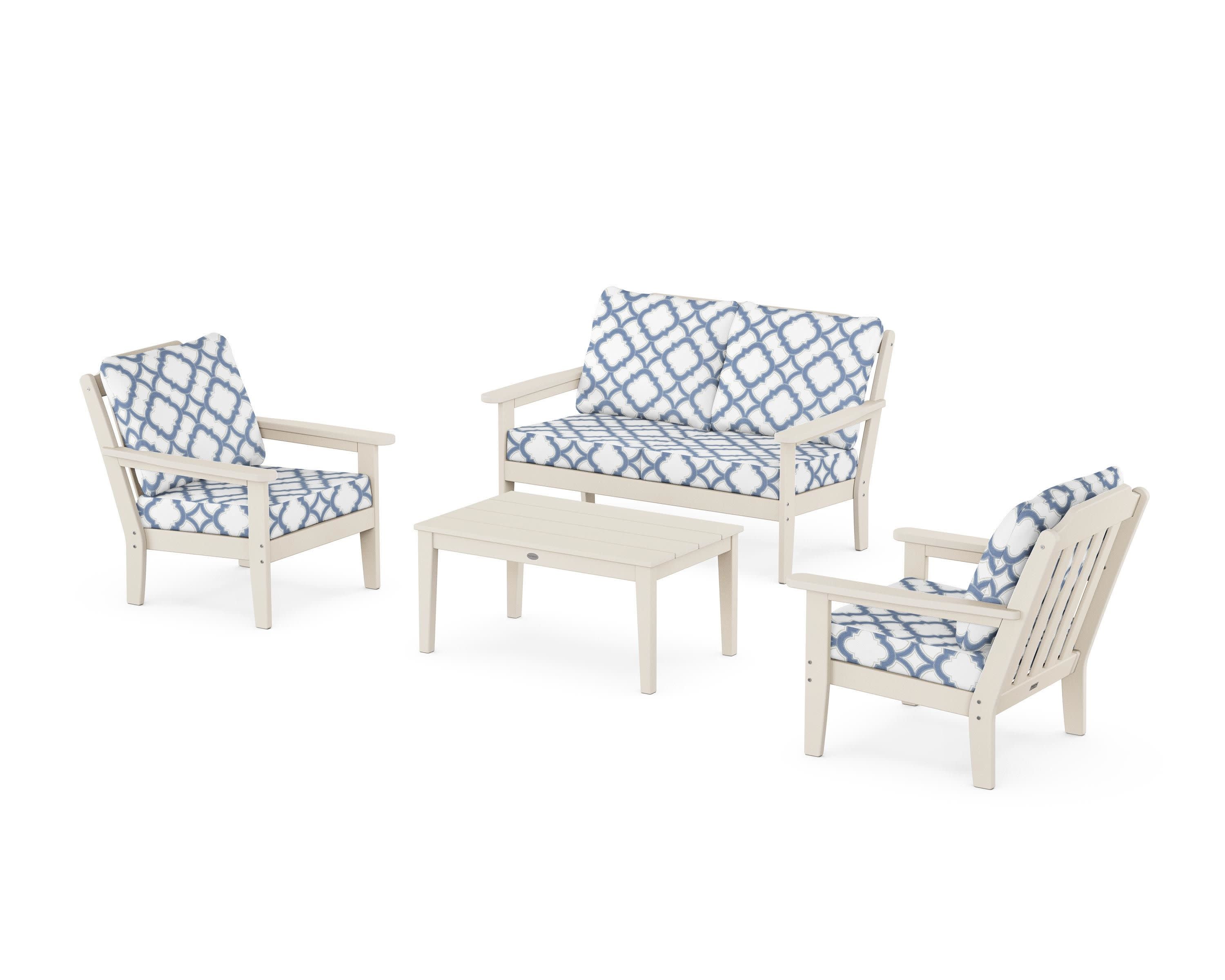Cottage 4-Piece Deep Seating Set with Loveseat in Sand / Trellis Sky Blue