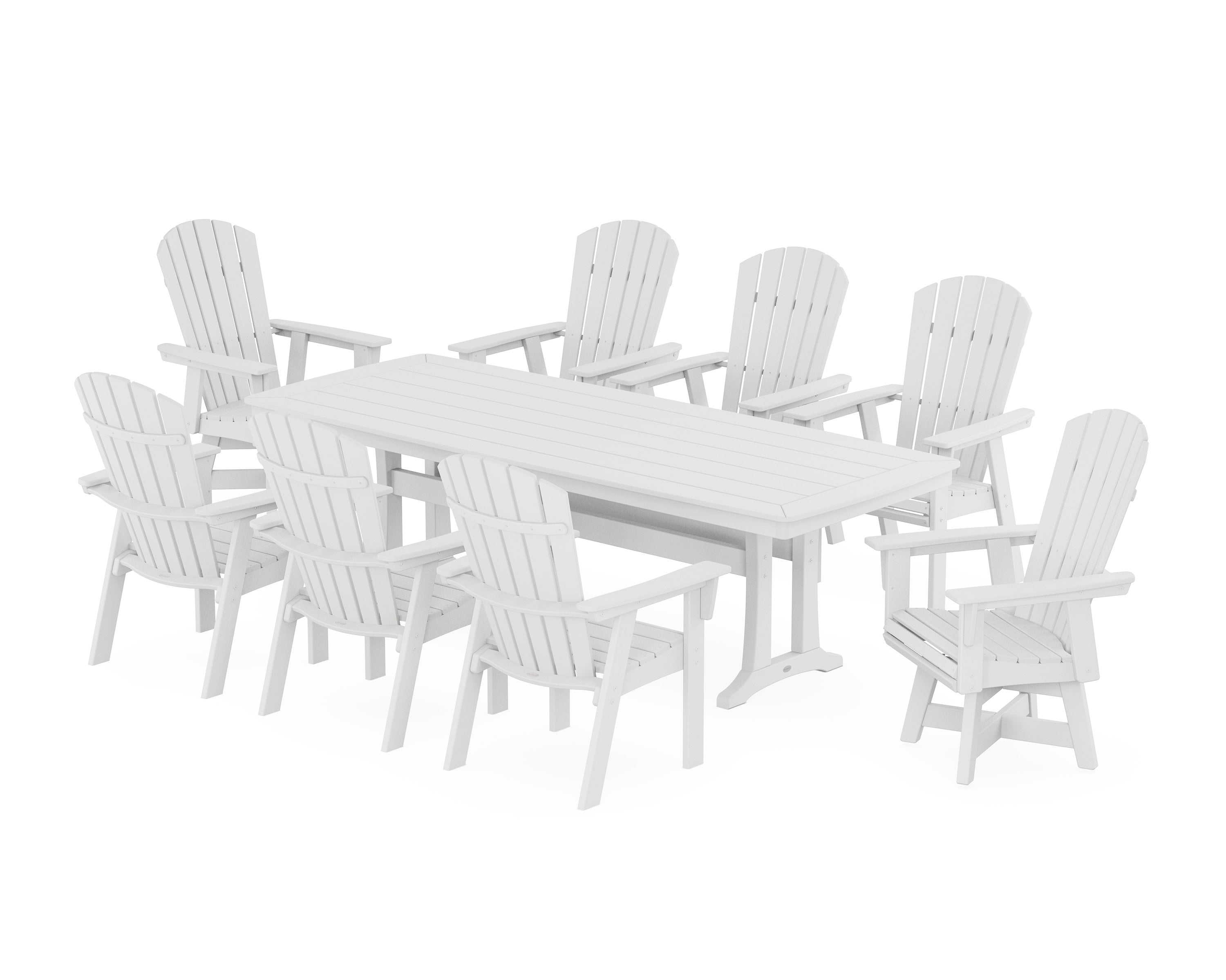 Nautical Curveback Adirondack Swivel 9-Piece Dining Set with Trestle Legs in White