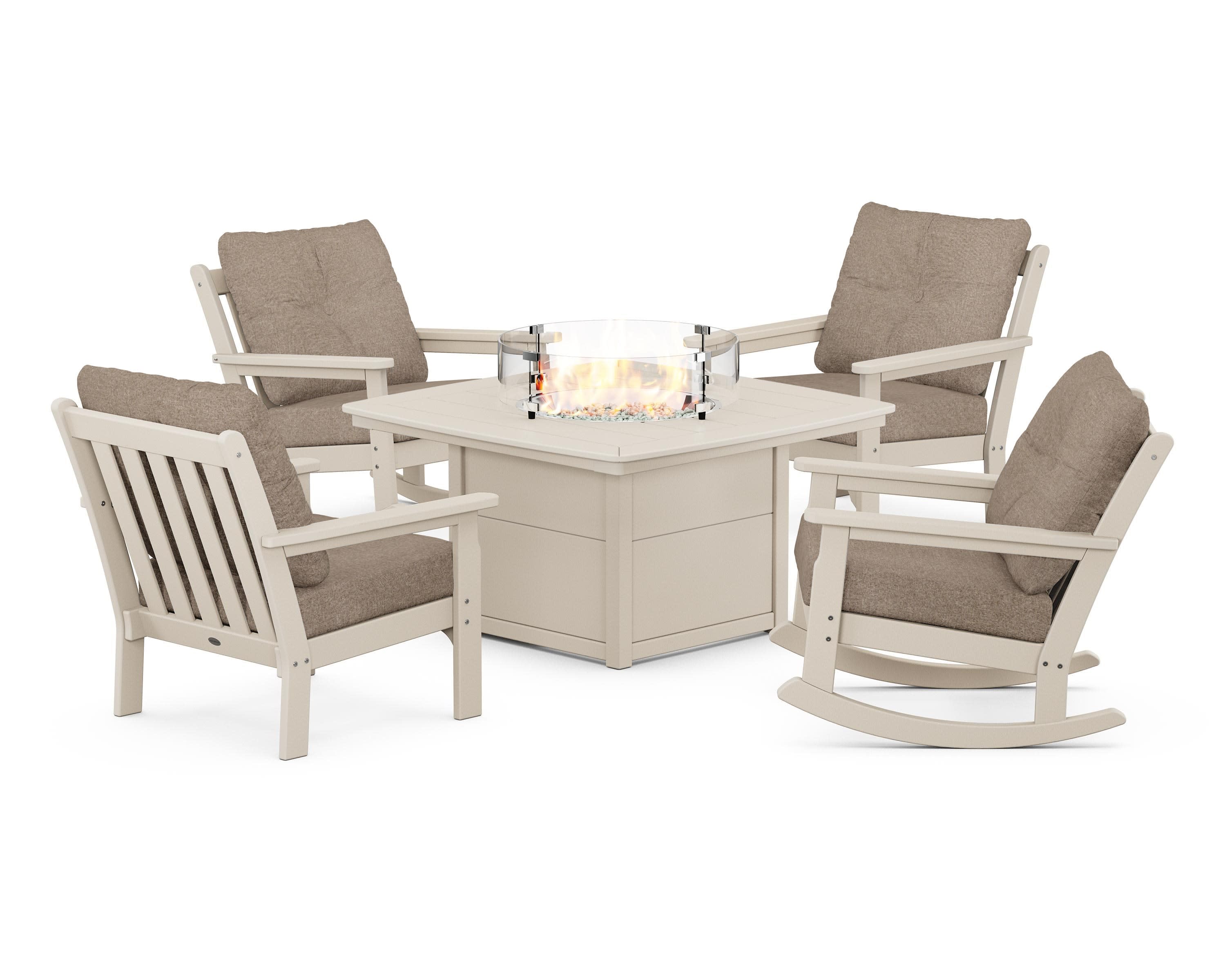 Vineyard 5-Piece Deep Seating Rocking Chair Conversation Set with Fire Pit Table in Sand / Spiced Burlap