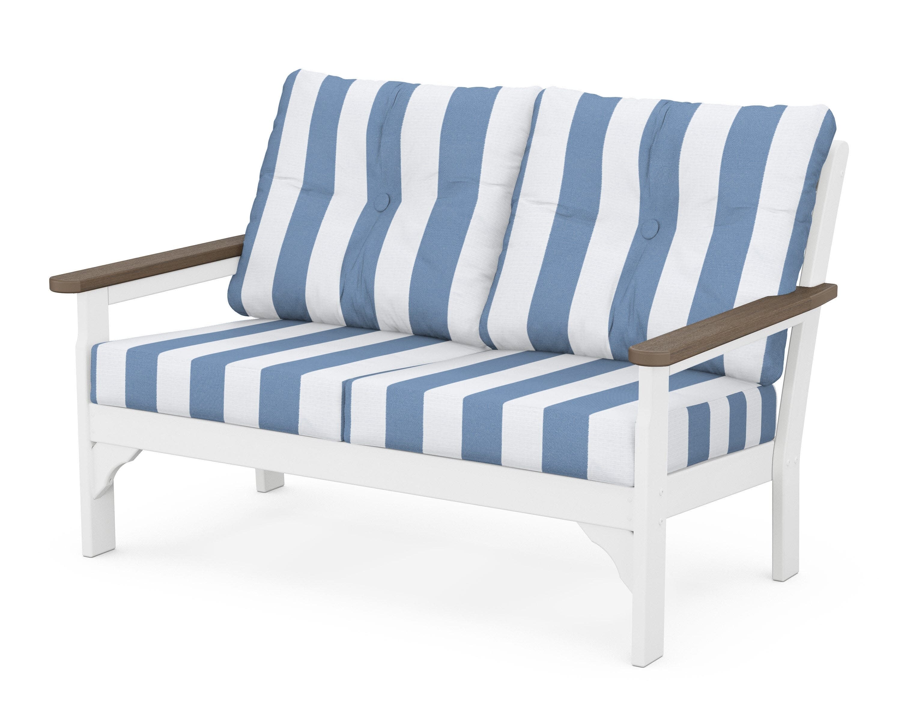 Vineyard Deep Seating Loveseat in White / Kona / Cabana Stripe Sky Blue