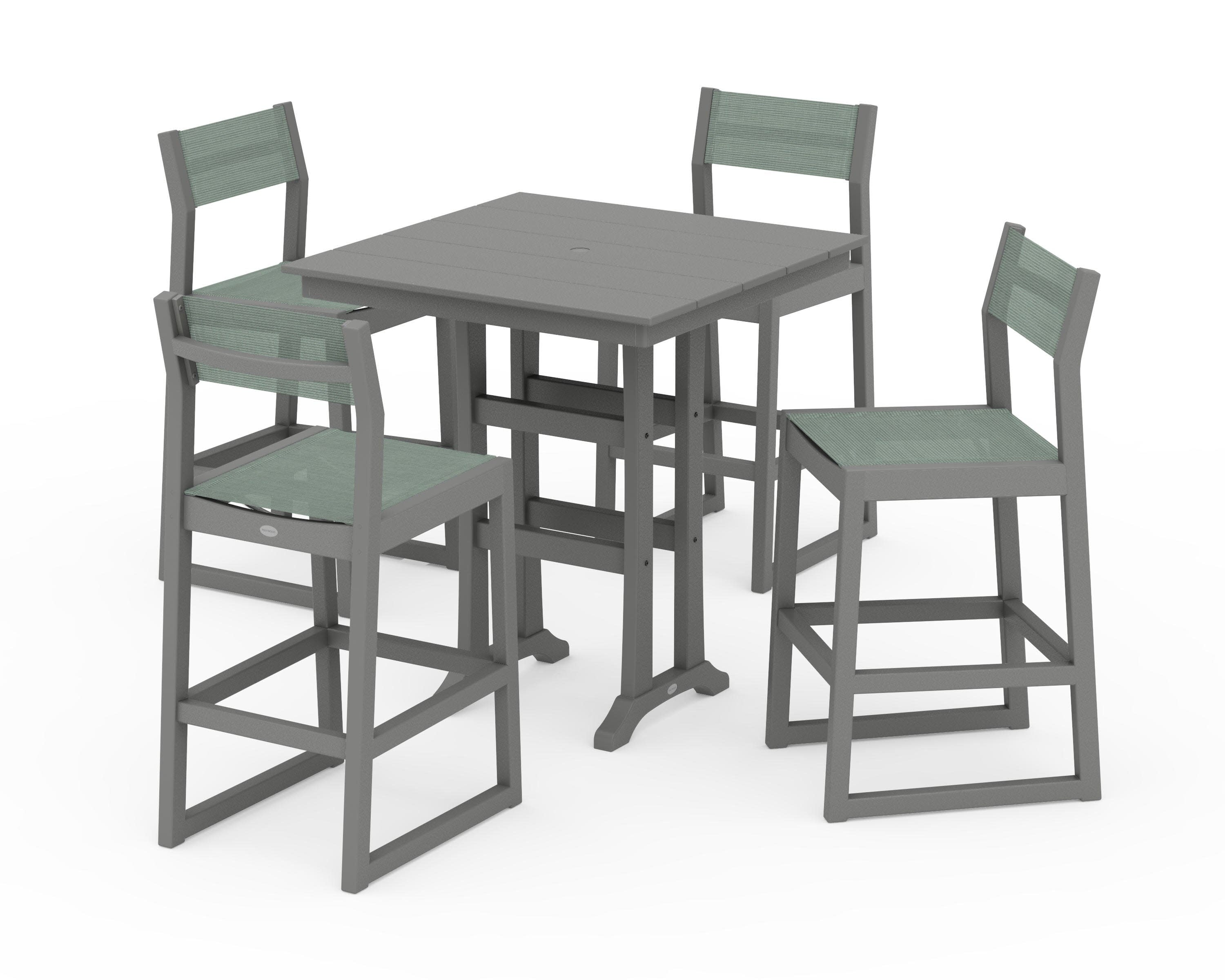 EDGE Sling Arm Chair 5-Piece Farmhouse Bar Set with Trestle Legs in Slate Grey / Dupioni Sea Mist Sling