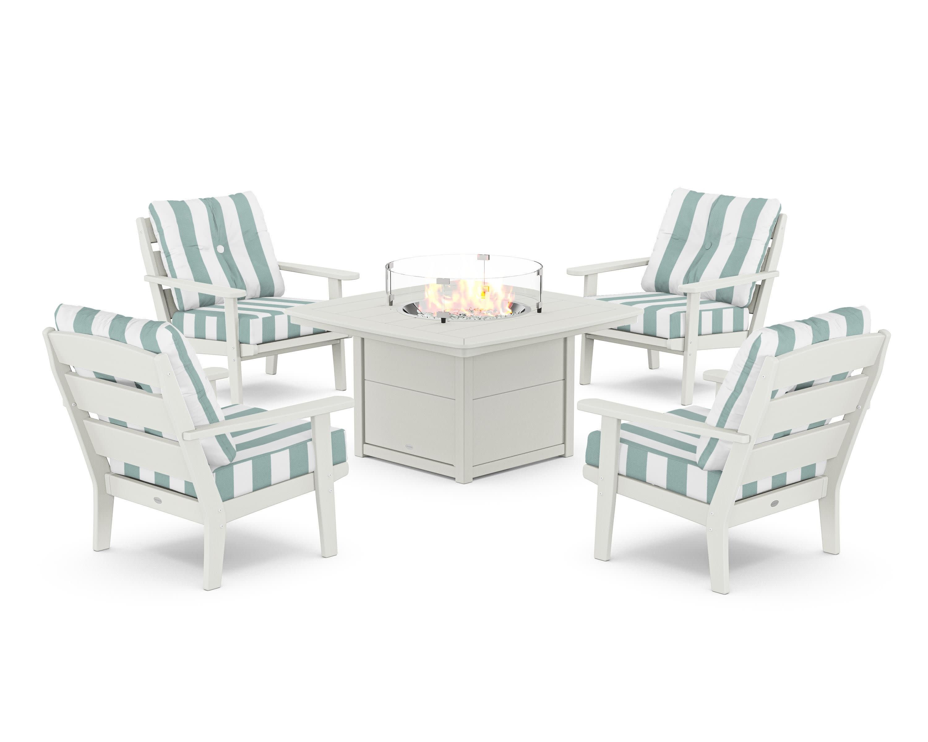 Lakeside 5-Piece Deep Seating Set with Nautical Fire Pit Table in Vintage White / Cabana Stripe Glacier Spa