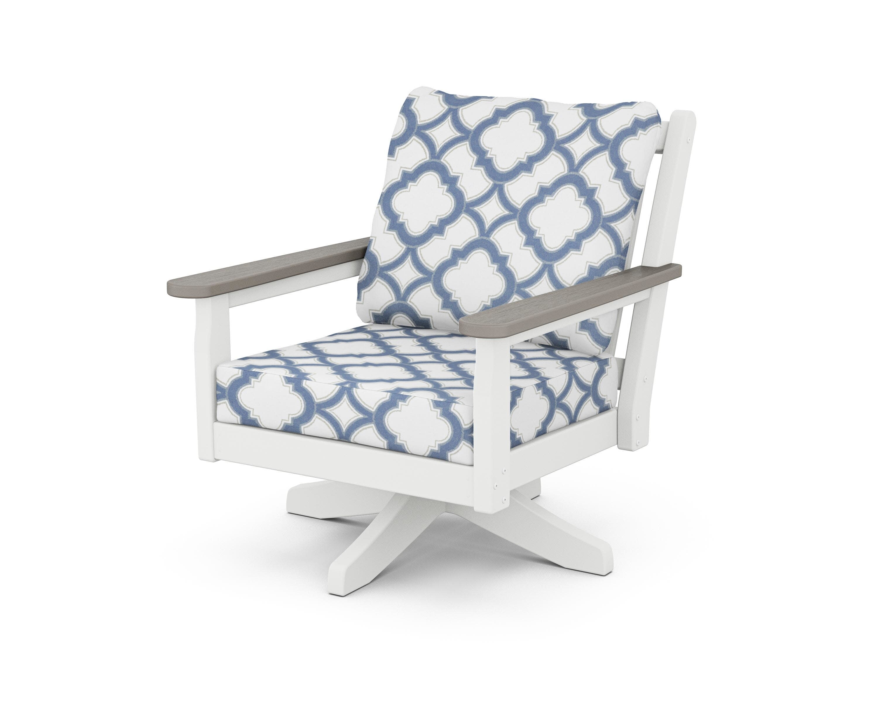 Chippendale Deep Seating Swivel Chair in White / Driftwood / Trellis Sky Blue