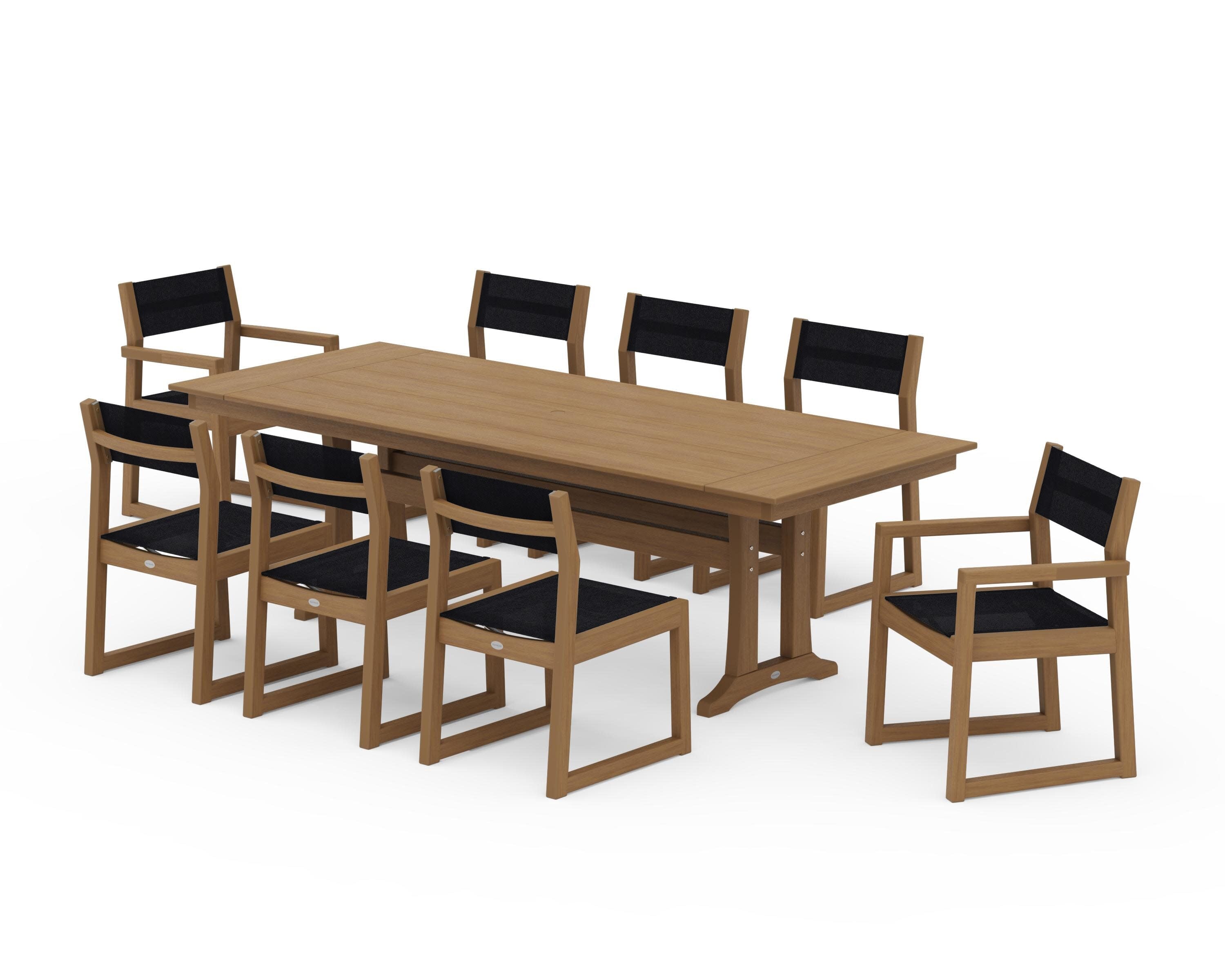 EDGE Sling 9-Piece Farmhouse Trestle Dining Set in Natural / Black Sling