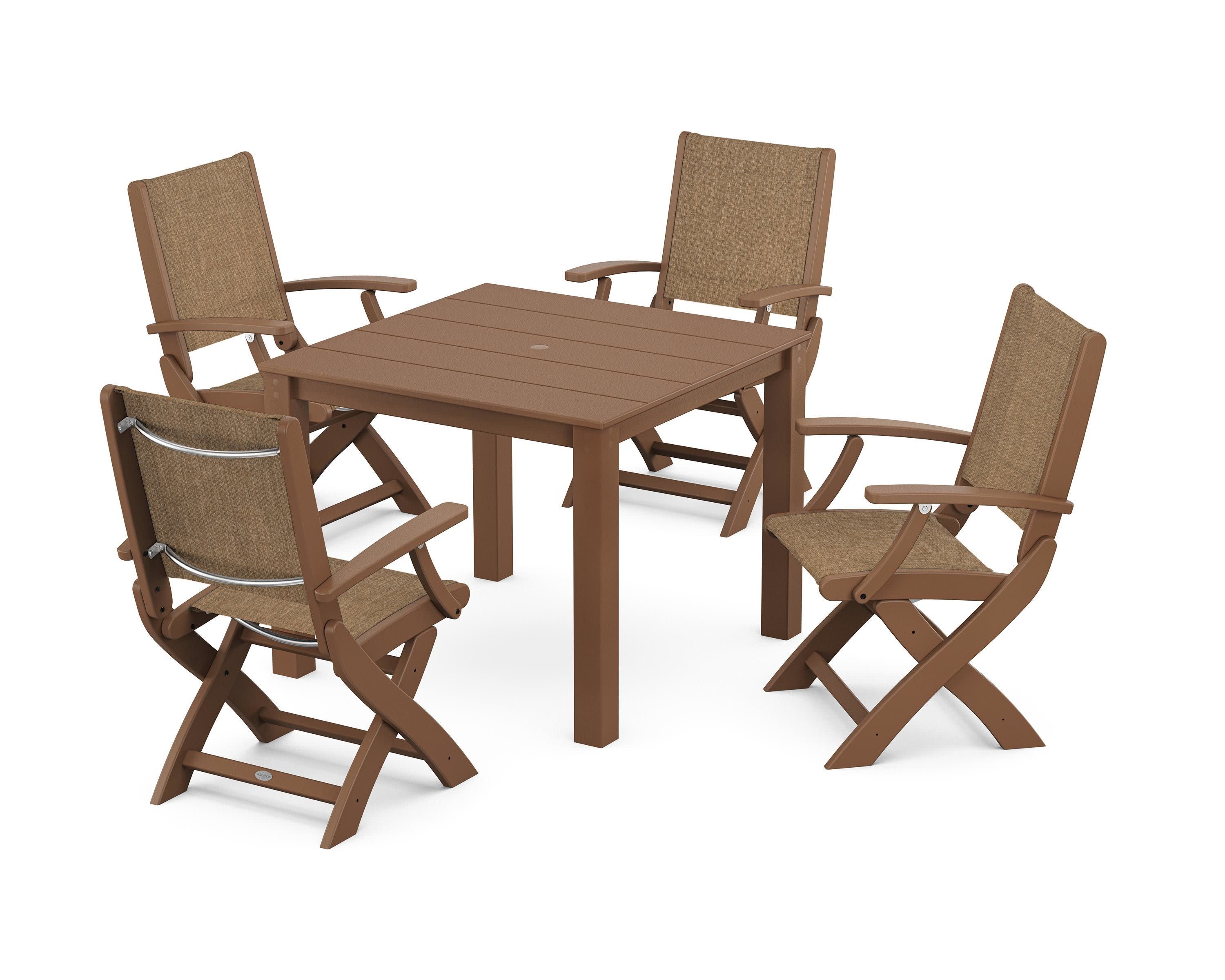Coastal Folding Chair 5-Piece Parsons Dining Set in Teak / Burlap Sling