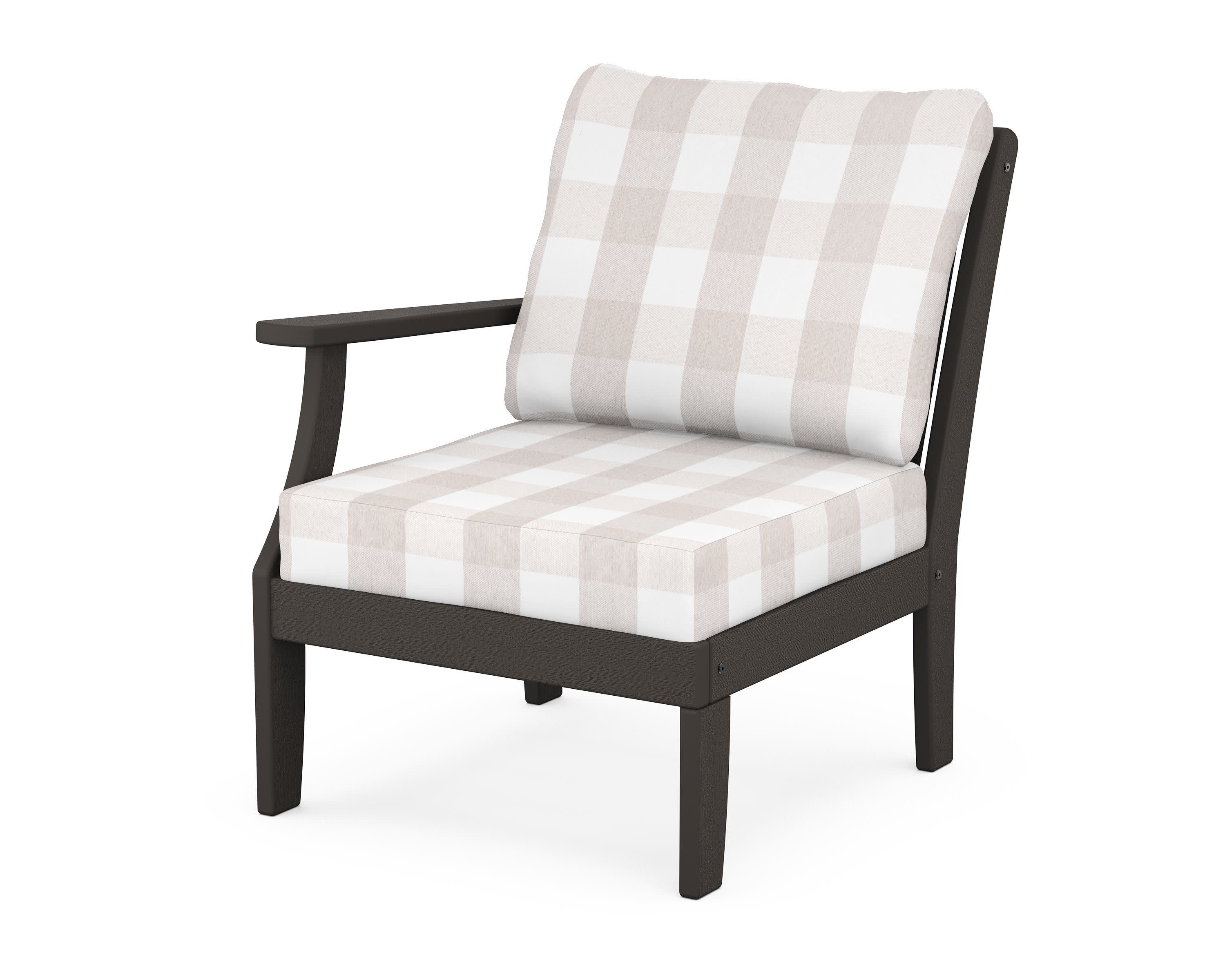 Braxton Modular Left Arm Chair in Vintage Coffee / Buffalo Plaid Dune Burlap