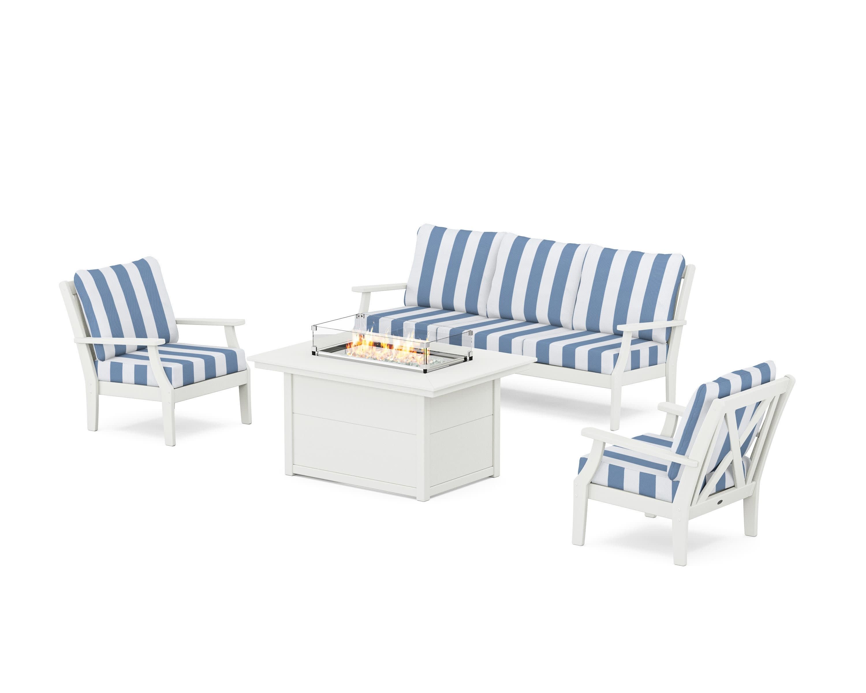 Braxton Deep Seating Fire Pit Table Set in Vintage White / Cabana Stripe Sky Blue