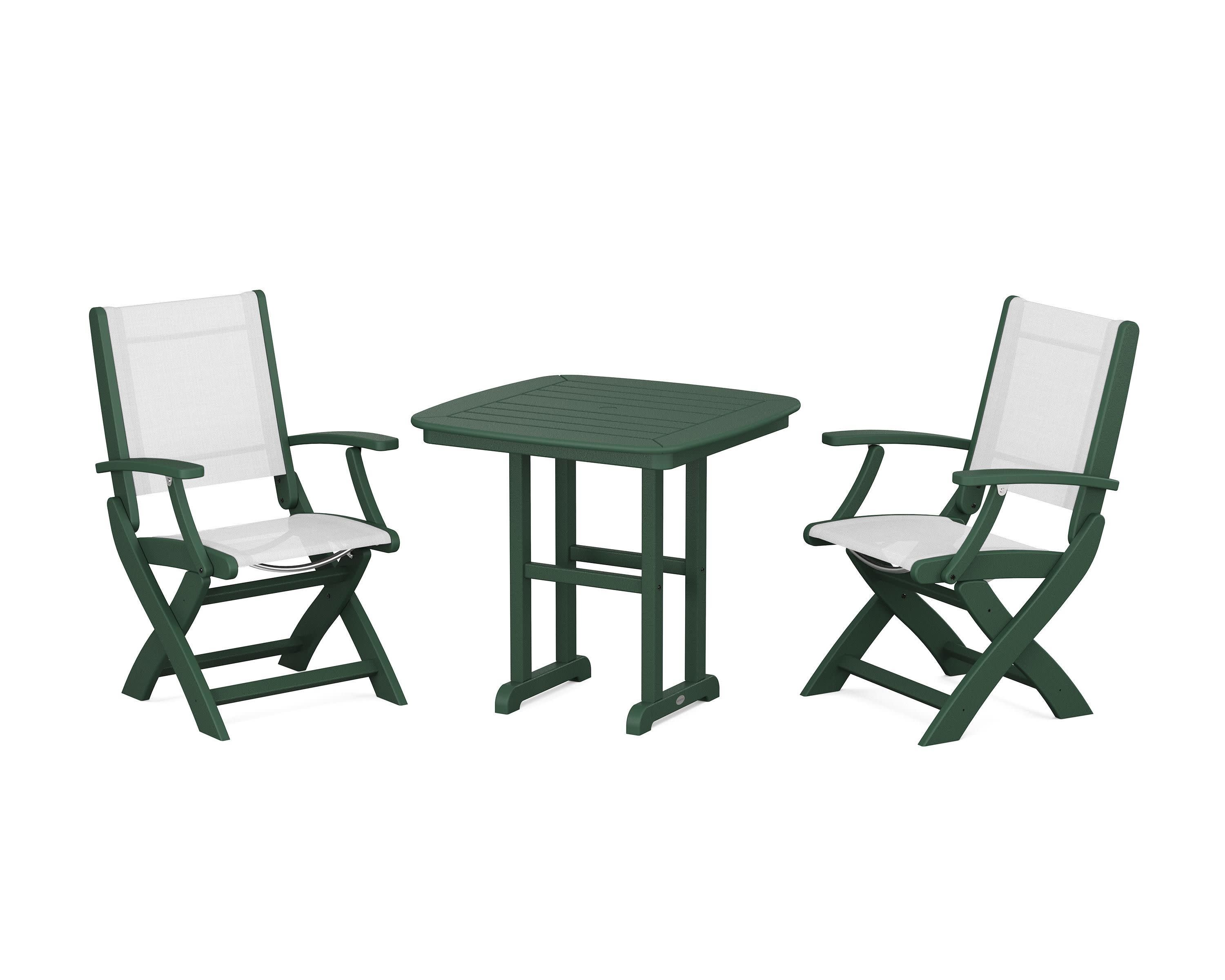 Coastal Folding Chair 3-Piece Dining Set in Green / White Sling