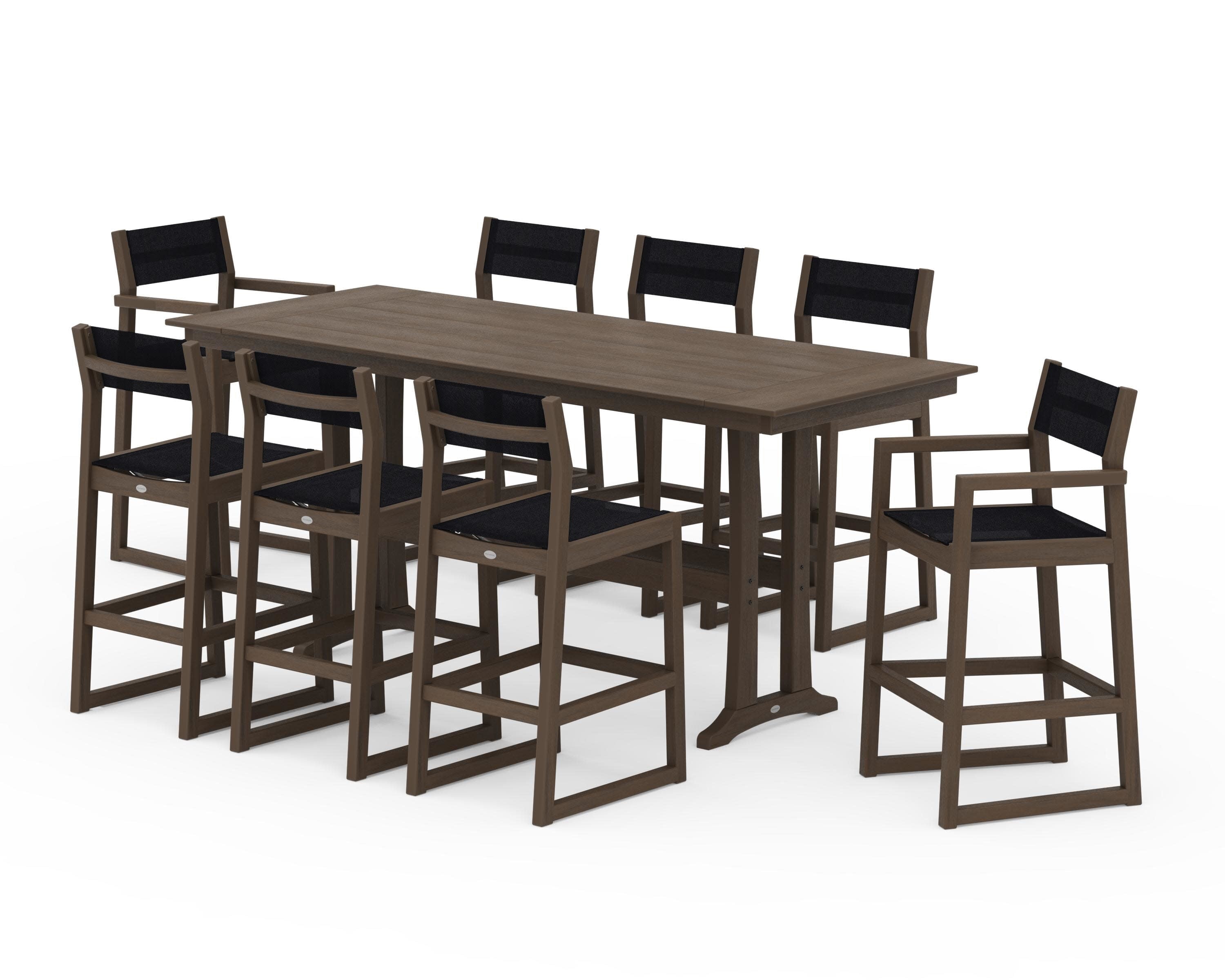 EDGE Sling 9-Piece Farmhouse Bar Set with Trestle Legs in Kona / Black Sling